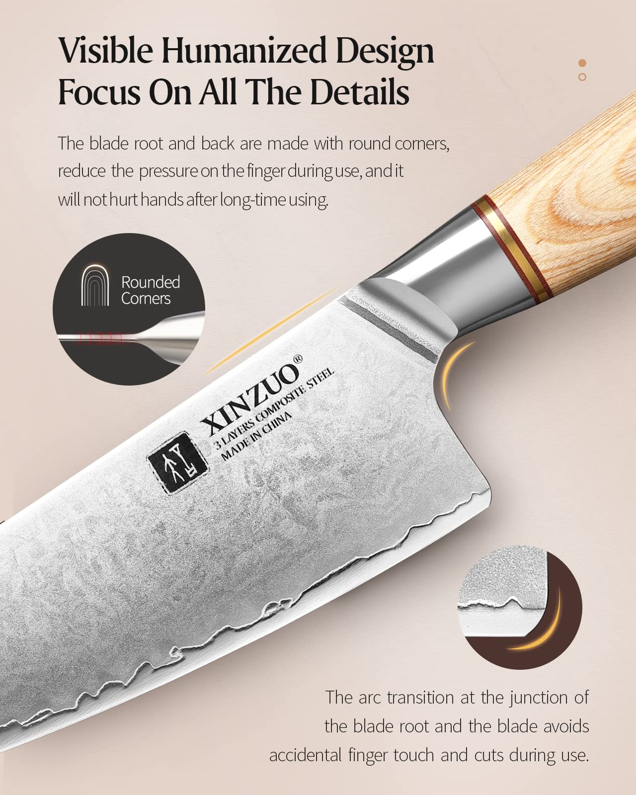 XINZUO 5-piece kitchen knife set made of composite steel, chef's knife set with 3 layers of composite steel 10Cr15CoMoV steel core, professional sharp Japanese knife set with Pakkawood handle.