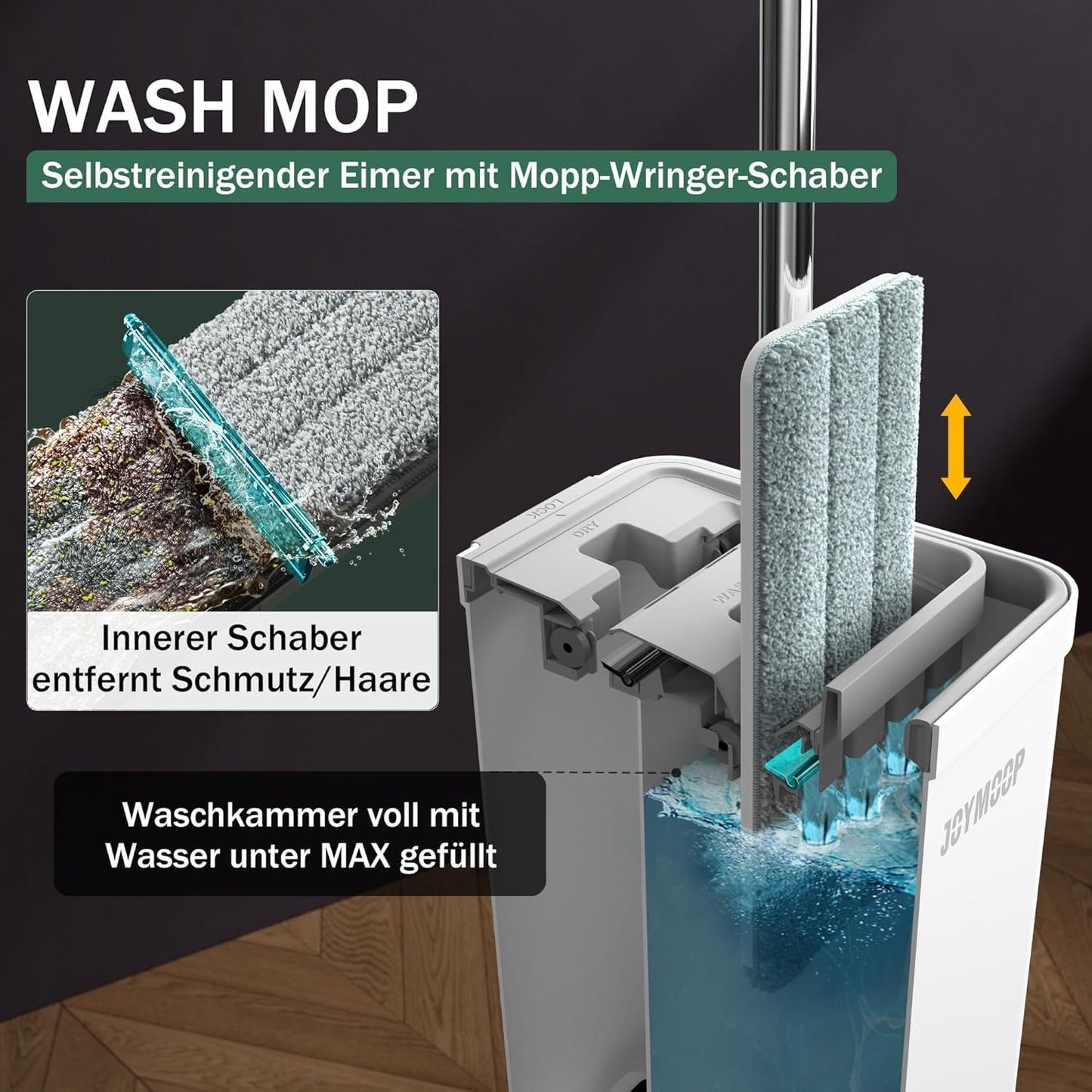 JOYMOOP Mop and Bucket with Wringer Set for Home, Flat Mop and Bucket System, Mops for Floor and Wall Cleaning, with 3 reusable microfiber mop pads.