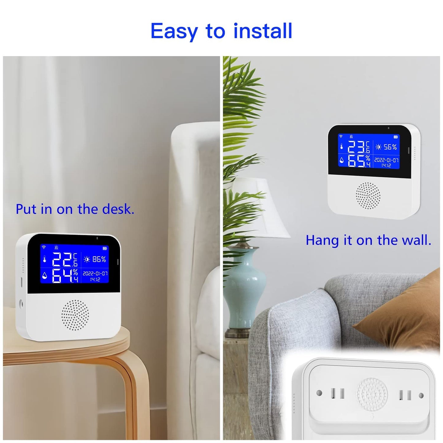 WiFi temperature sensor with waterproof external probe, Tuya smart temperature humidity monitor with backlight LCD display, buzzer alarm & app notification alert. Remote monitor for incubator and wine cellar.