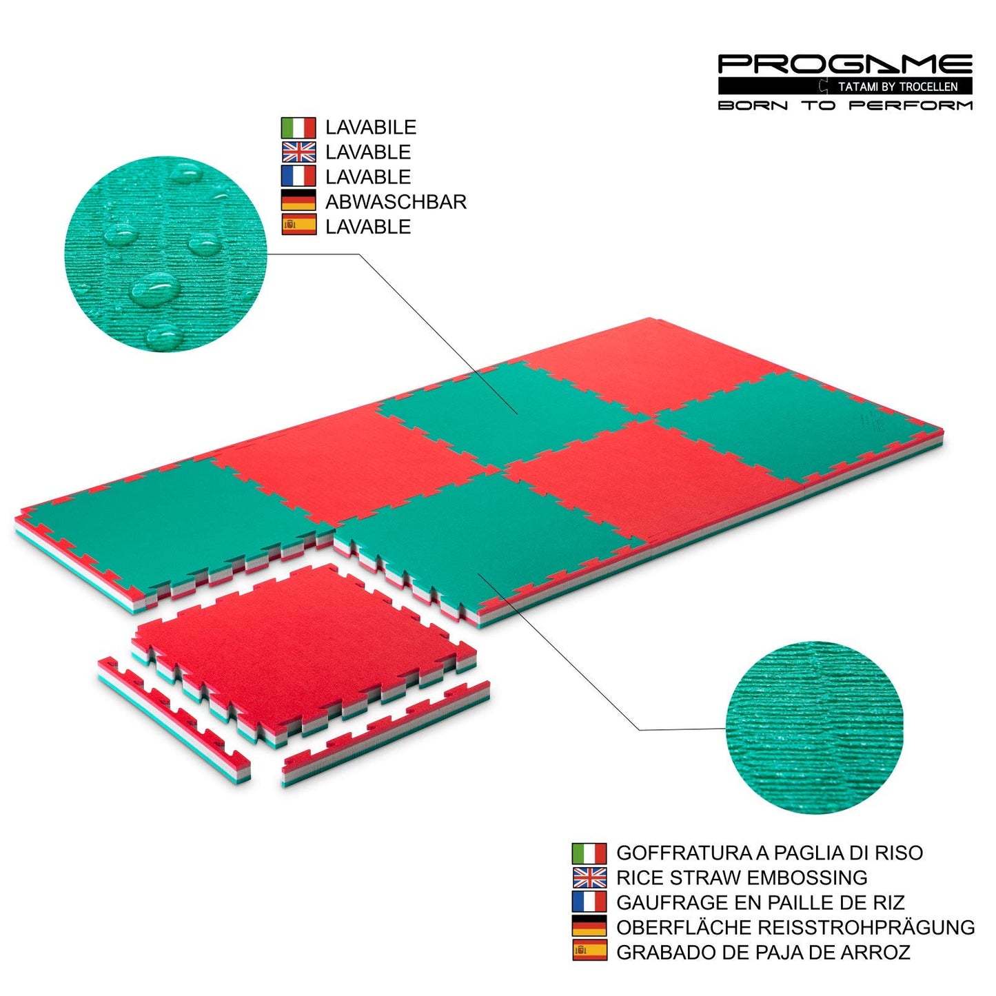 PROGAME Tatami Mat 4 cm Kit 8 pieces PERFORMANCE-HOME Green/Red 50x50 cm. Judomat.