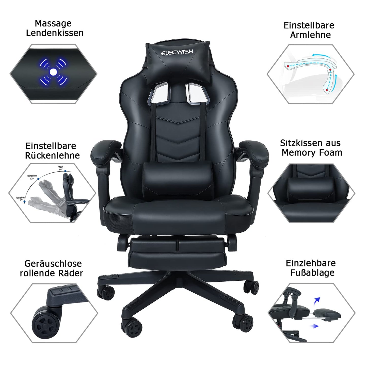 Puluomis Gaming Chair, Office Chair with Footrest, Racing Gaming Chair, PC Chair, Swivel Height Adjustable, 90-150° Backrest Adjustable, Removable Headrest, Lumbar Pillow, Ergonomic, Black