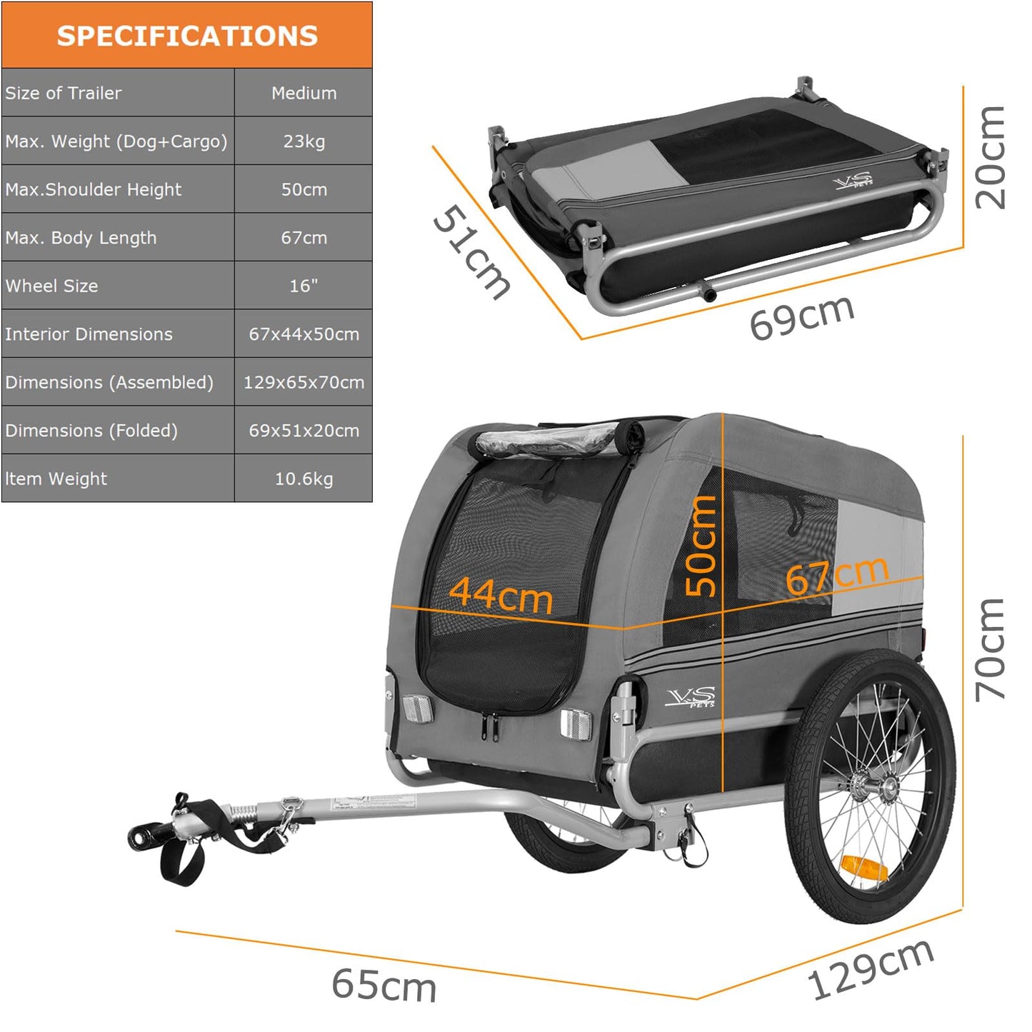 Tiggo VS Pets M Dog Trailer Bicycle Trailer for Dogs Dog Bike Trailer 80201 (Gray)