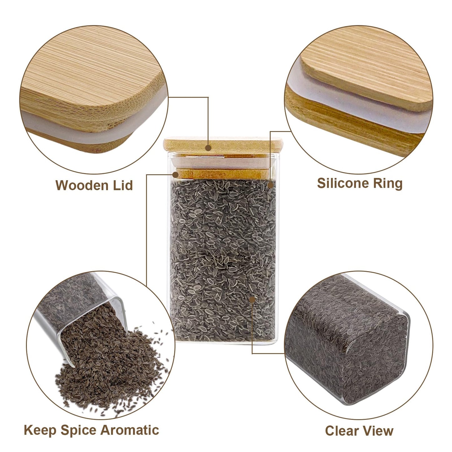 12-piece set of glass storage jars without labels, each with a 280ml capacity and wooden lids. Ideal for storing spices in the kitchen, these stackable containers are perfect for organizing your spice collection.