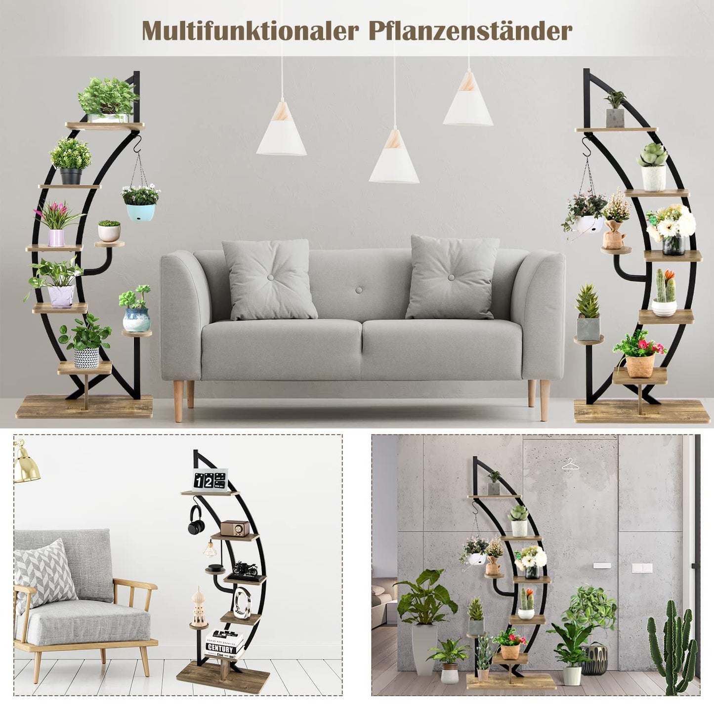 GOPLUS 6-tier Flower Stand Metal, half-moon Plant Stand with Shelves & Hooks, Plant Rack Flower Shelf Flower Stairs Plant Stairs for Living Room, Bedroom, Balcony (Brown, 2)