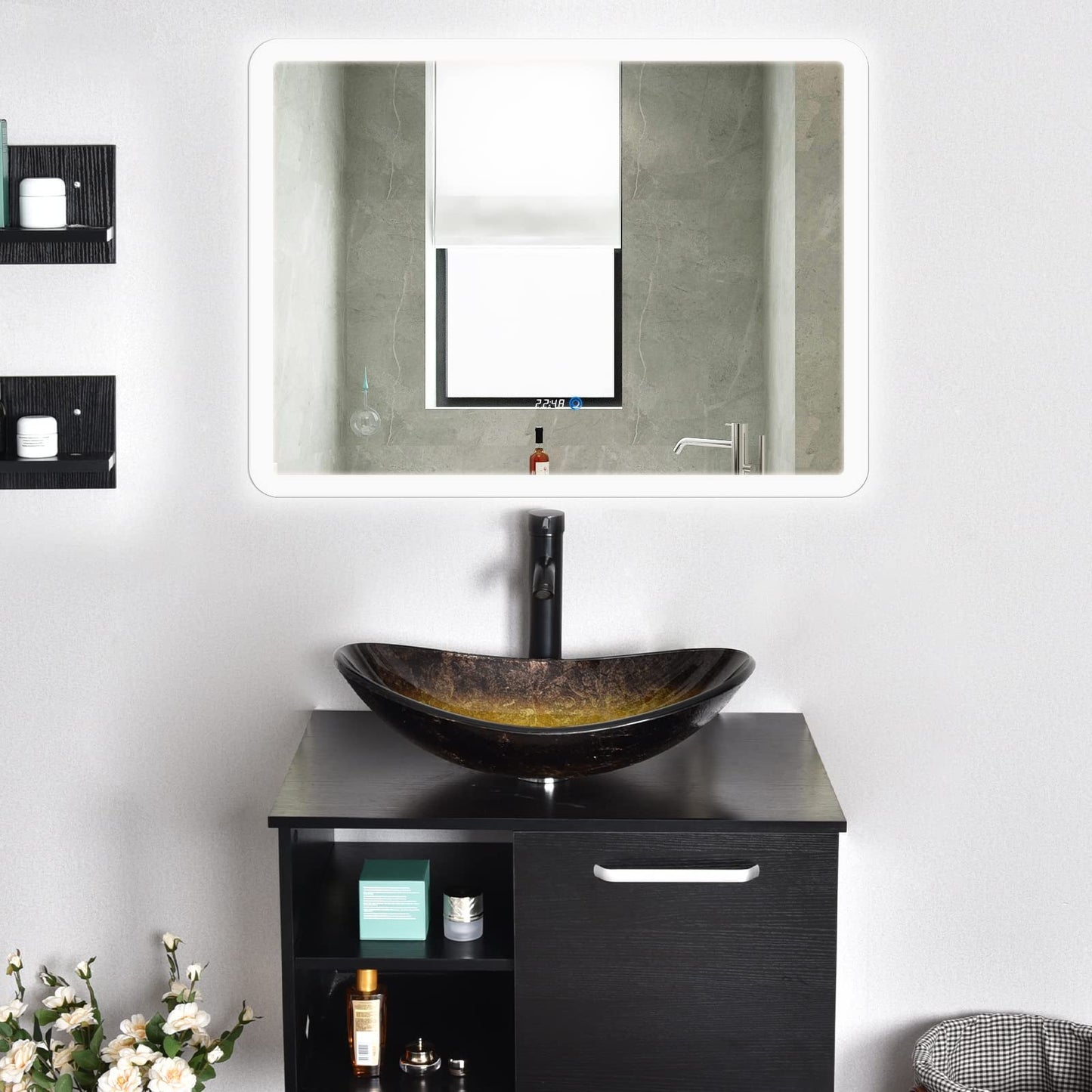ARTETHYS glass basin, oval hand wash bowl with faucet set, countertop basin for bathroom guest WC, modern gold.