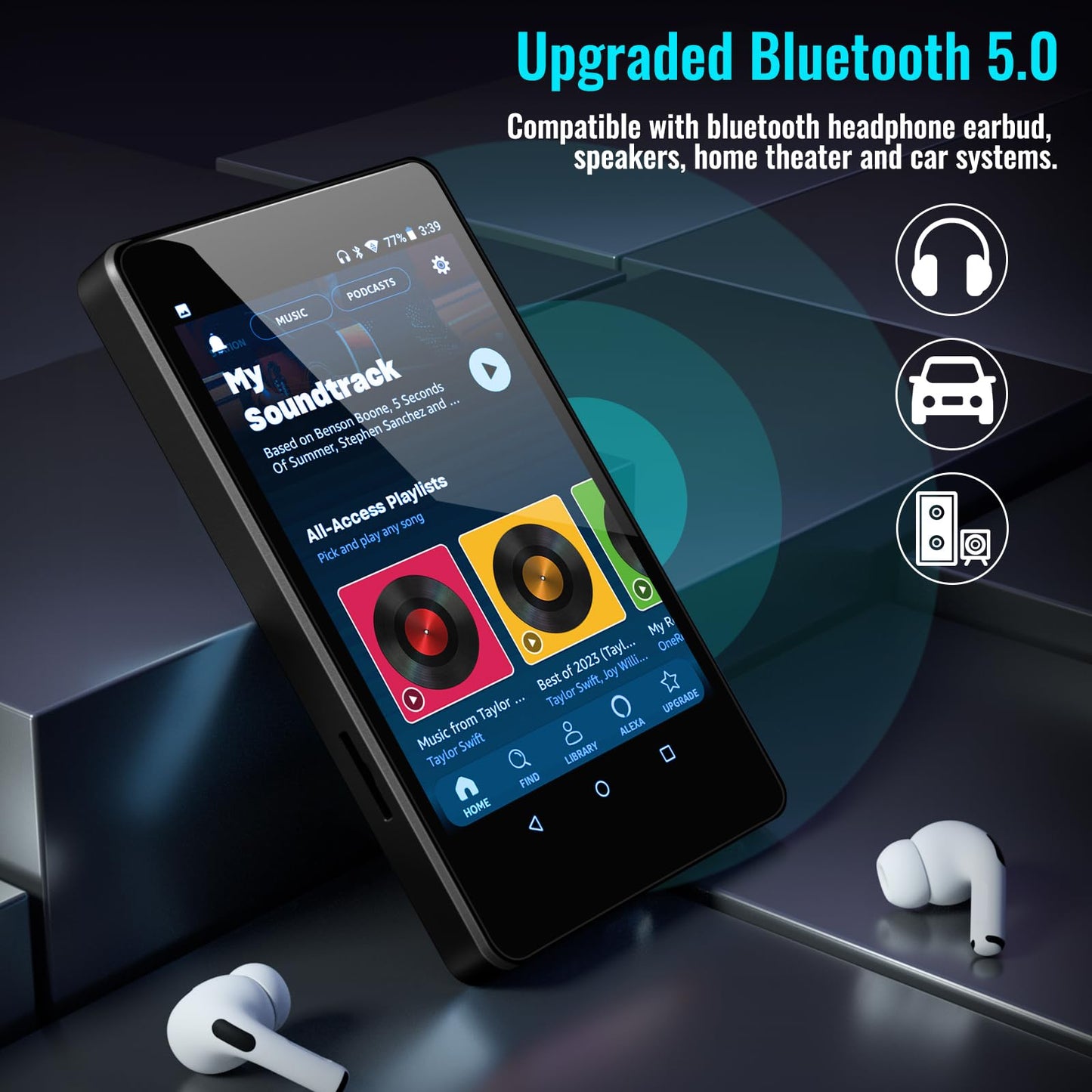 MP3 player with Bluetooth for Spotify Kids, Spotify, Audible, Browser (removable), Amazon Music, 4.0 inch IPS MP4 music player Up to 256GB.