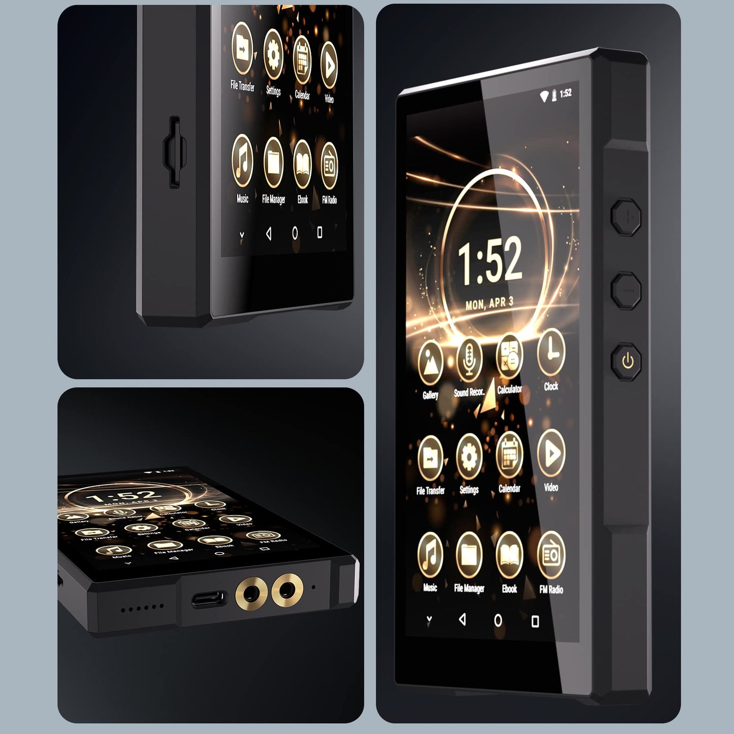 96GB MP3 player with Bluetooth, supports APK downloads, 5000mAh battery pre-installed Spotify, Audible, and 5.0 inch HD IPS Android MP4 music player.