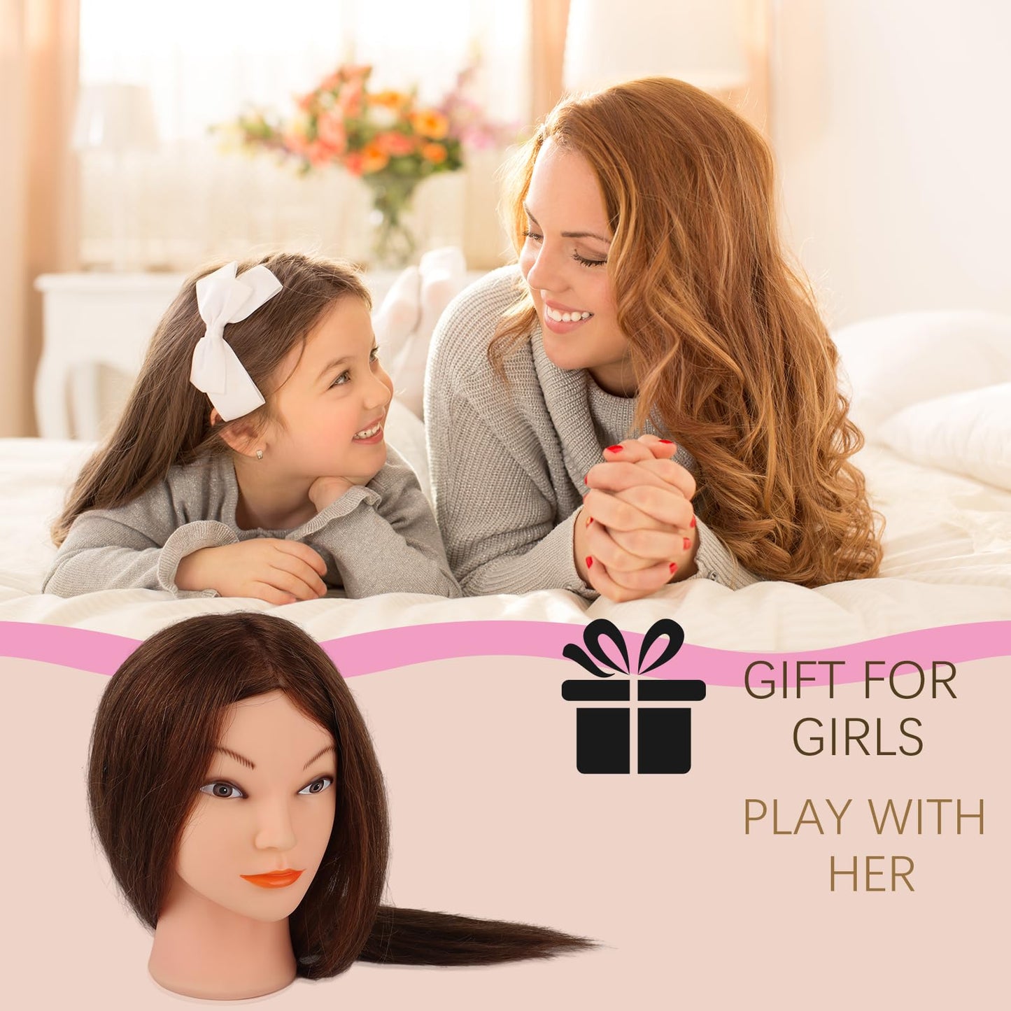 DaizySight Adult Mannequin Head 100% Real Hair, Hairdressing Training Head for Styling and Children, Practice Head Mannequin with Clamp and Hairstyling Tool, Length: 46cm, Dark Brown