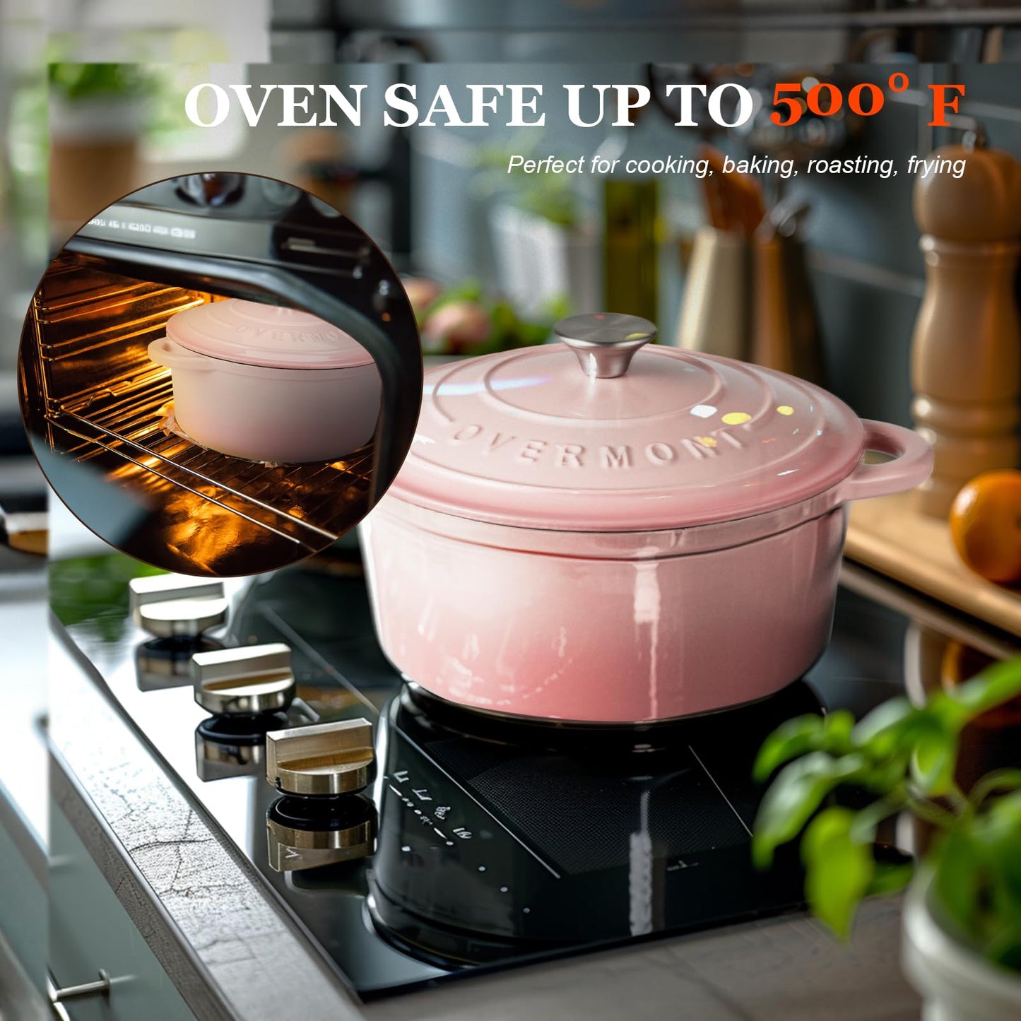 Overmont Enamel Cast Iron Dutch Oven 26cm - Oven safe with lid and cookbook - for kitchen baking roasting stewing Pink