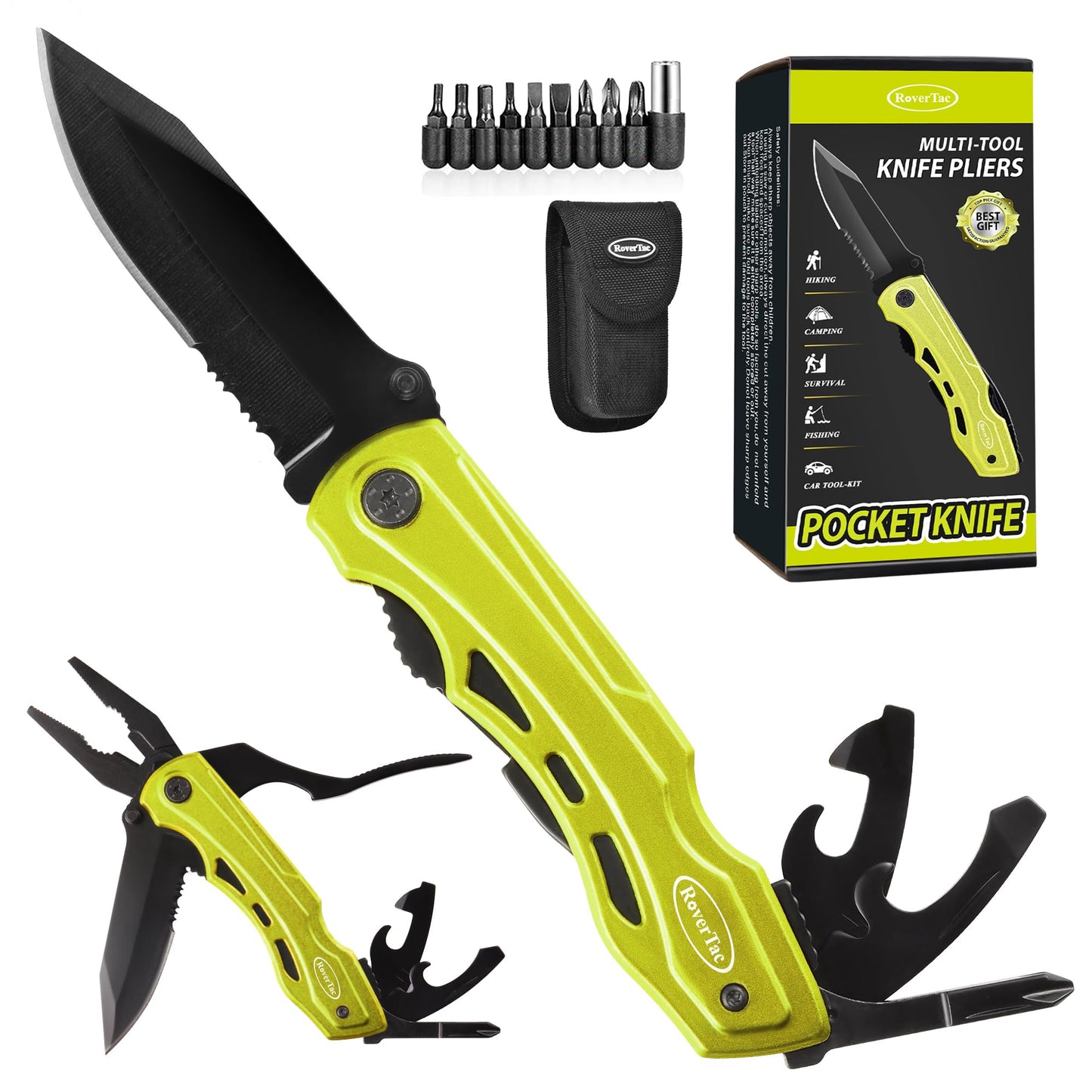 RoverTac Pocket Knife Multitool - Gift for Men and Dad, Christmas Gifts, Folding Knife with Pliers, Bottle Opener, Can Opener, and 9-in-1 Screwdriver, Tactical Survival Knife