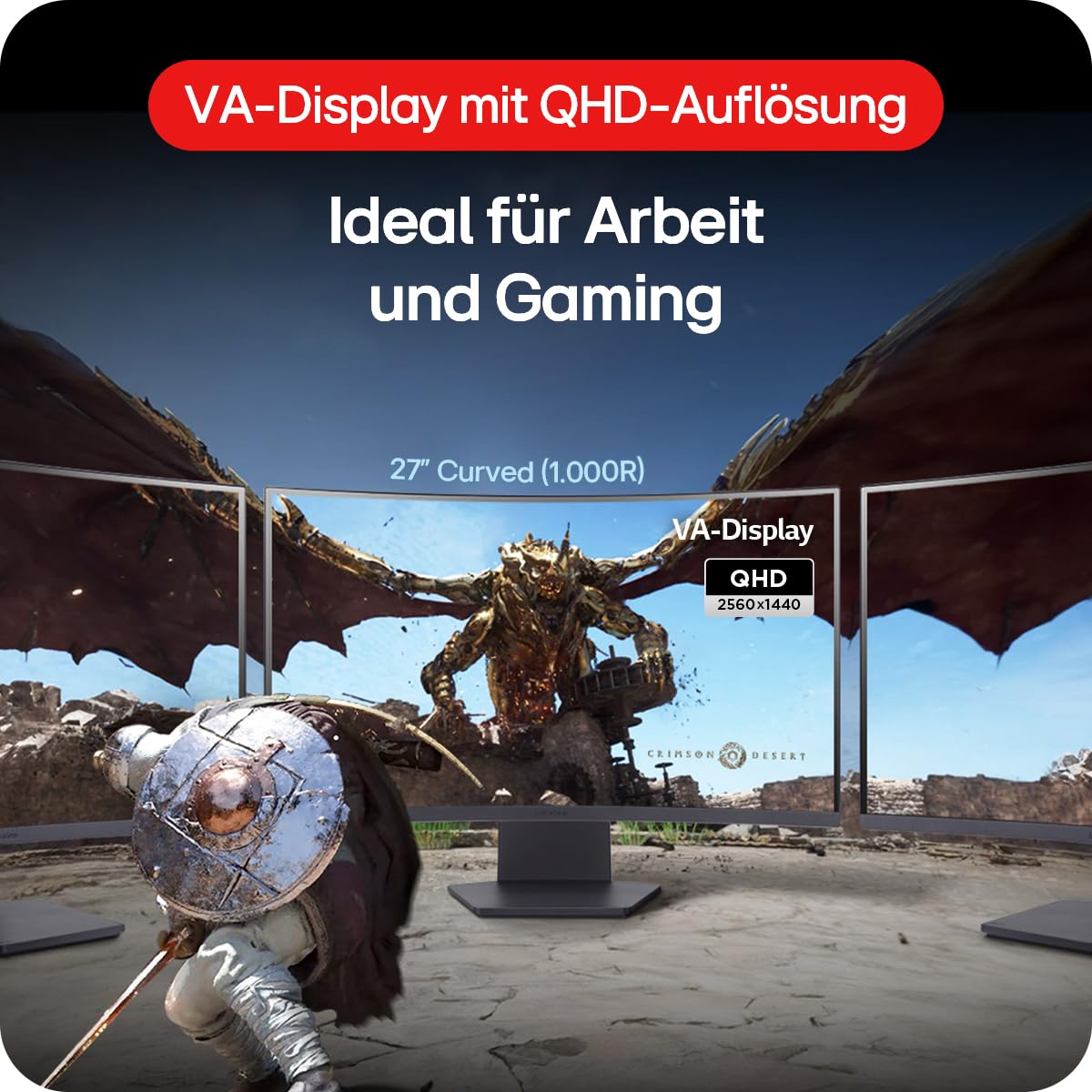 LG Electronics 27GS60QX-B.AEUQ UltraGear™ Curved QHD Gaming VA Monitor 27" (68.4cm), 2560 x 1440, 16:9, 1ms GtG, 180Hz, HDR10, 300 cd/m² brightness (typ.), AMD FreeSync, Dynamic Action Sync - Black