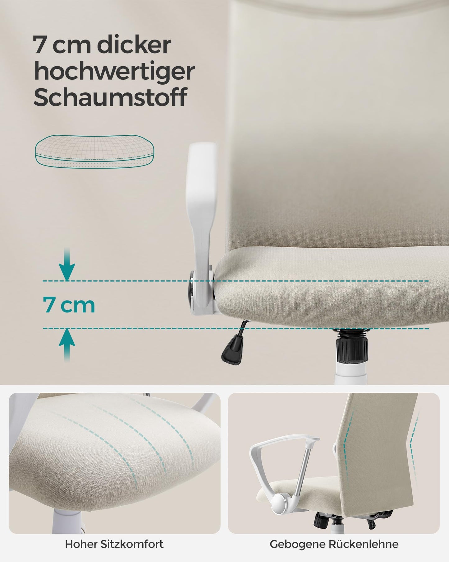 SONGMICS office chair, ergonomic desk chair, swivel chair, padded seat, height adjustable and tiltable, up to 120 kg load capacity, cappuccino beige OBN034K01