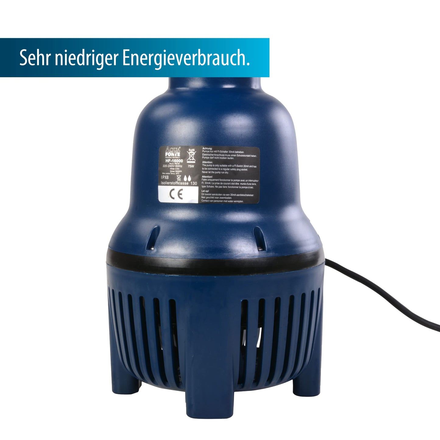 AquaForte HighFlow 16,000 Pond Pump, 75 watts, max flow rate 16 m3 per hour, head height 2 meters, outlet 75mm, high flow design, ideal for Koi ponds and fish farming.