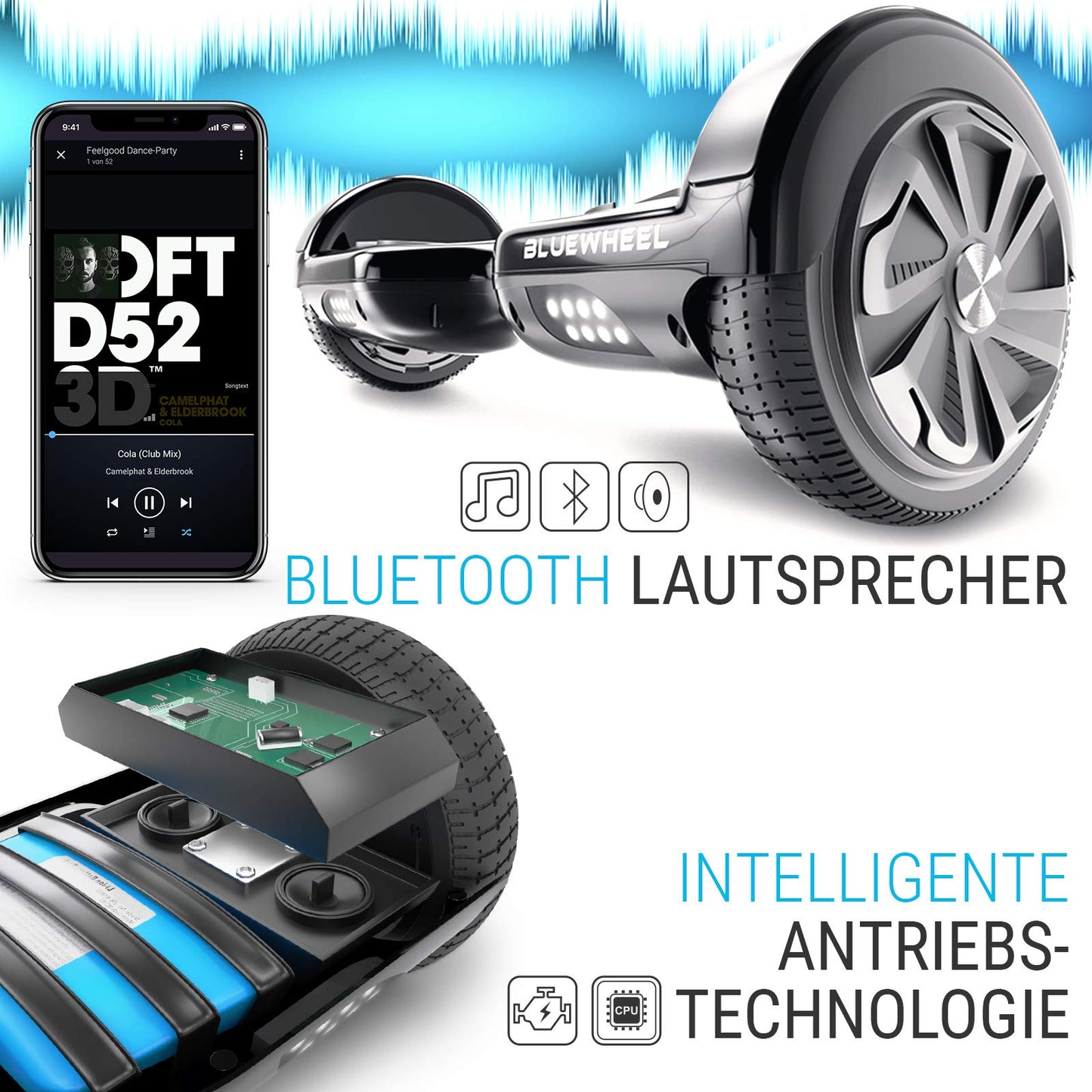 6.5" Premium Hoverboard Bluewheel HX310s - German quality company - Children's safety mode & app - Bluetooth speaker - strong dual motor - LED - Electric skateboard self-balance scooter