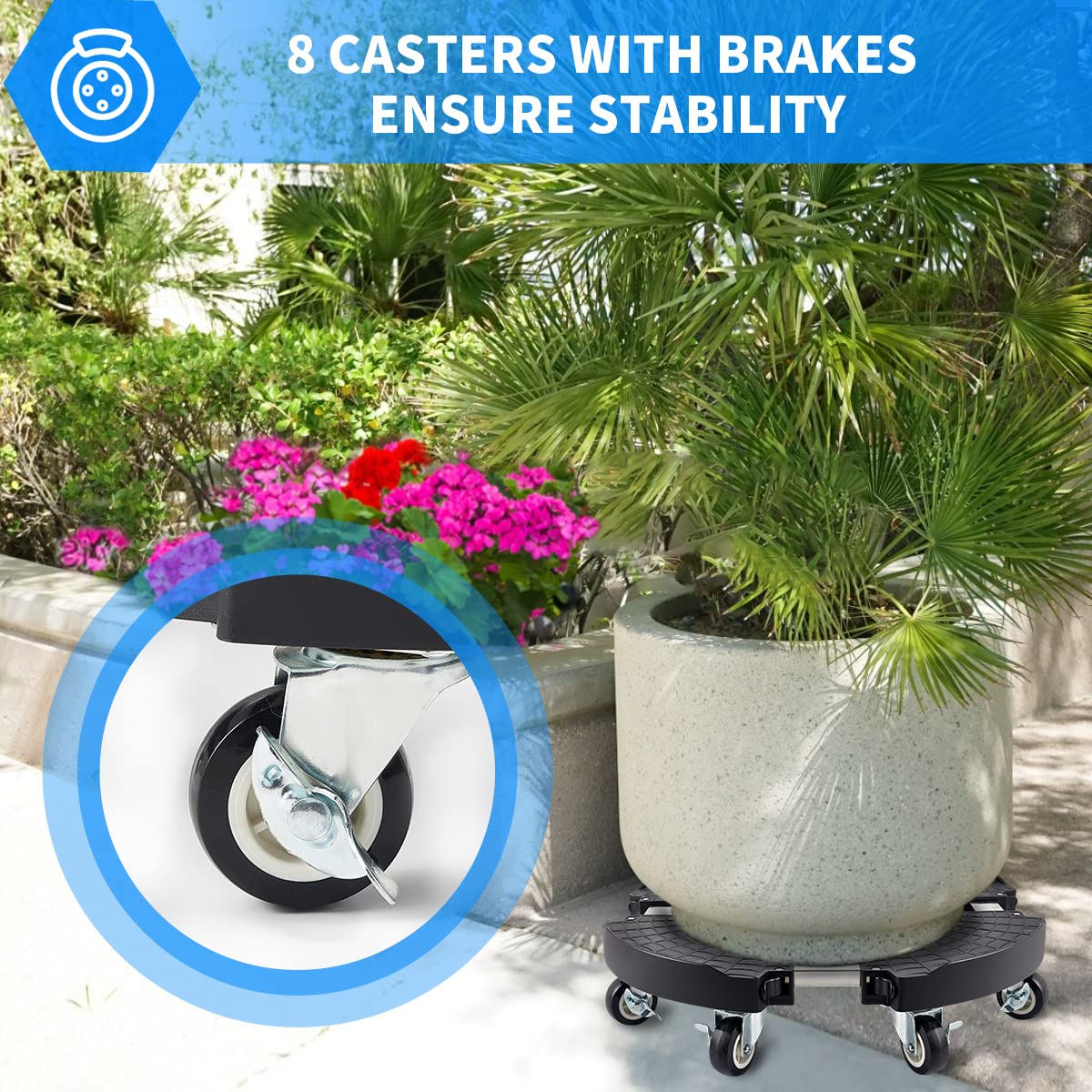 Round plant trolley with 8 wheels, adjustable flower trolley 38-51cm, 150kg carrying capacity. Plant dolly for large planters indoors and outdoors.