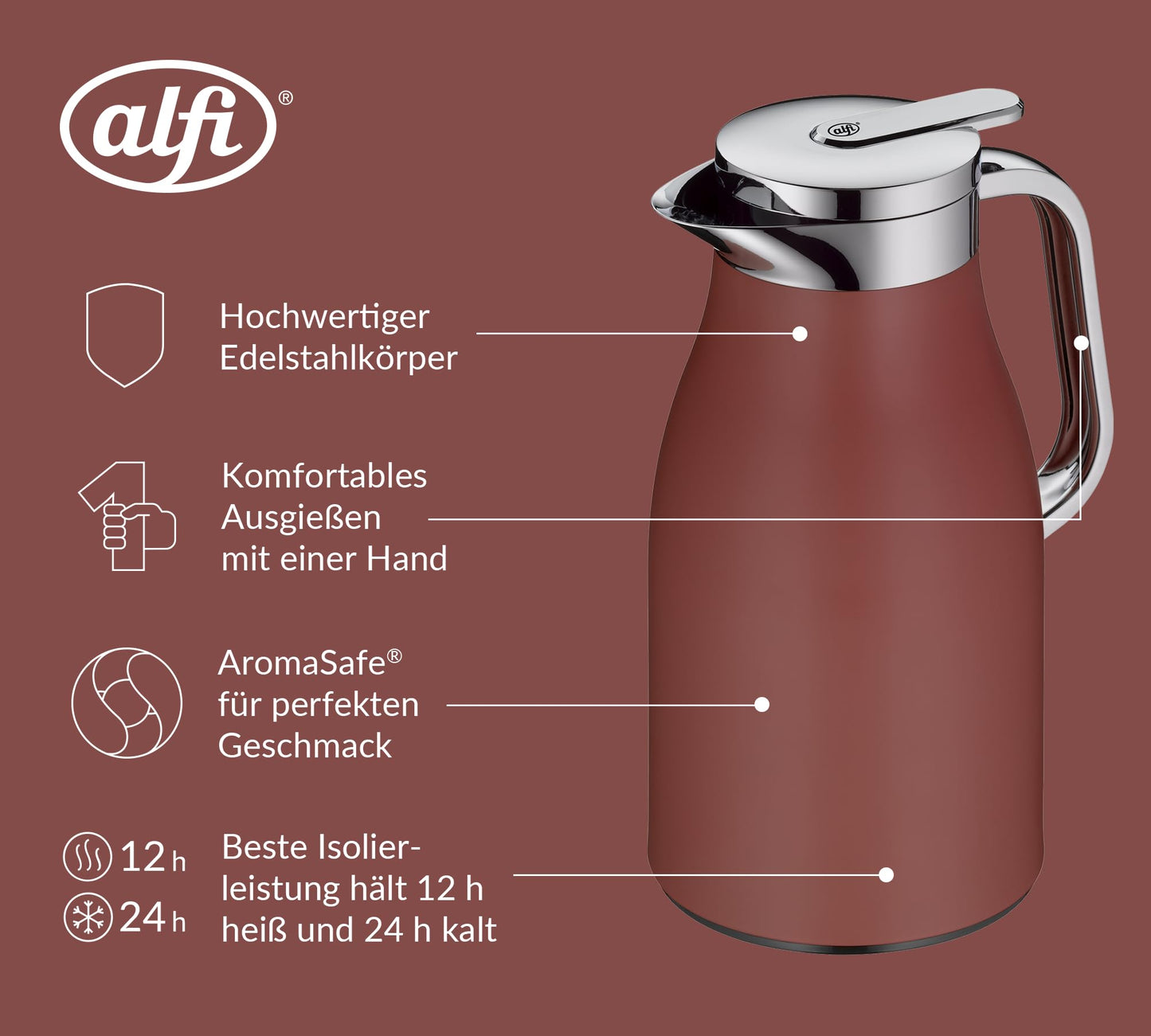 alfi SKYLINE 1.0l, med. red matt, stainless steel insulated carafe with hygienic hard glass insert, twist closure with convenient push button, ergonomic handle, one-hand operation, perfect for serving coffee or tea.