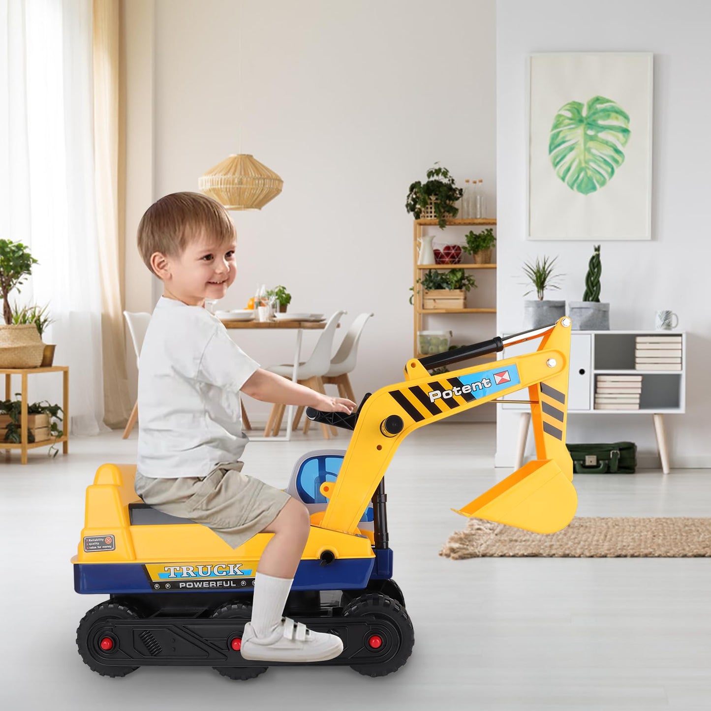 deAO 2-in-1 sit-on digger for toddlers- pedal-free kids vehicle with two different shovels