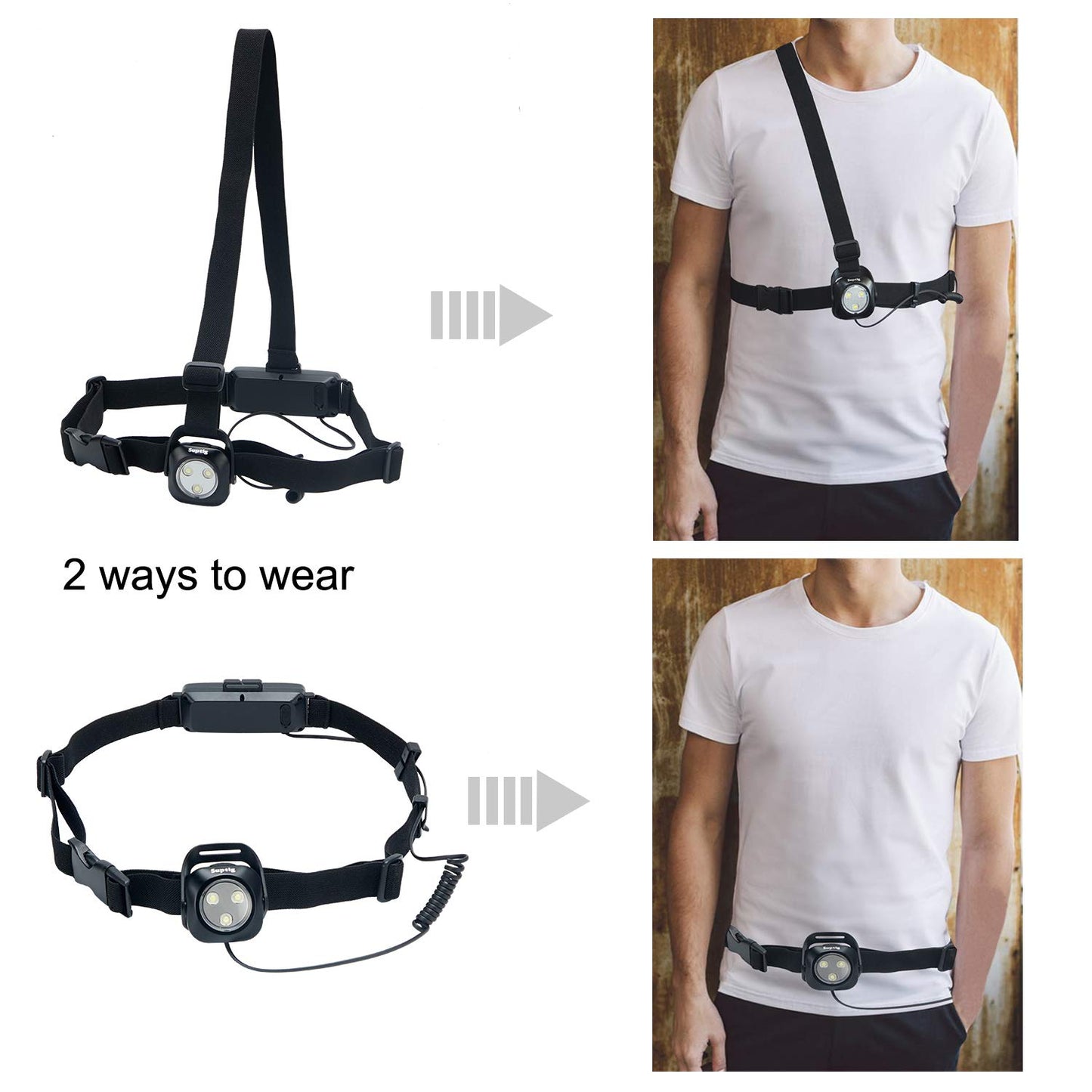 Suptig chest light, waist light, running belt light for camping, hiking, running, jogging, walking, outdoor adventures IP64 waterproof built-in 2600mAh rechargeable lithium battery (black)