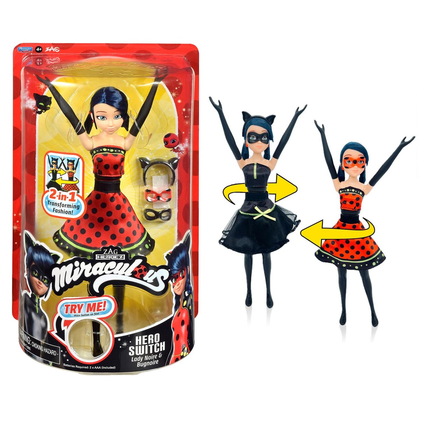 BANDAI - Miraculous - Transformation Doll Ladybug - 26 cm doll that transforms into Lady Noire and Bug Noire - Toy Moveable doll with 2 outfits - Toy for children aged 4 and up - P50414