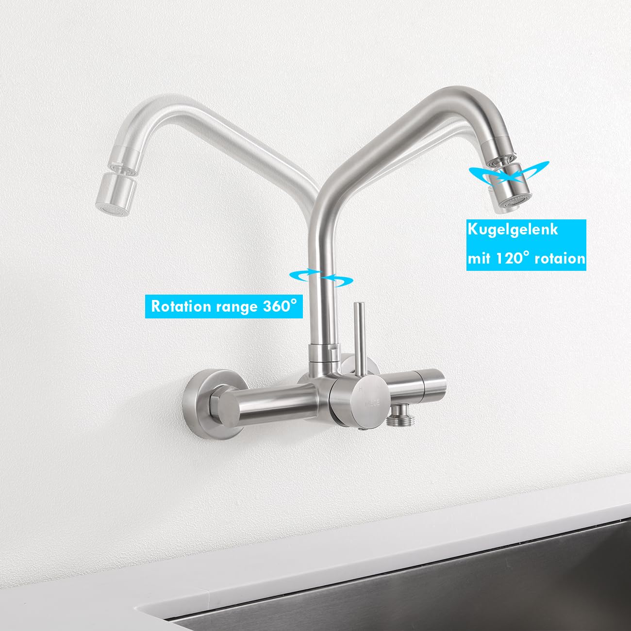 ONCE kitchen faucet in wall with 3/4 inch connection for dishwasher/washing machine, wall faucet with 2 spray modes, kitchen wall-mounted mixer tap, matte