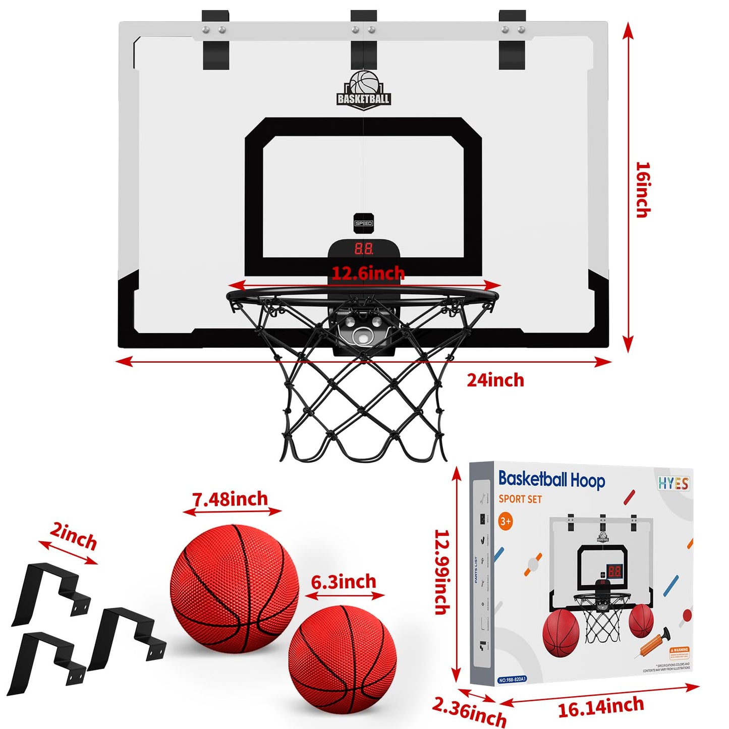 HYES 24" x 16" Large Basketball Hoop Indoor for Kids, Basketball Hoop with Scorer, 2 Balls, Pump, Big Basketball Toy for Adults Kids Teens Boys Girls (black with Scorer)