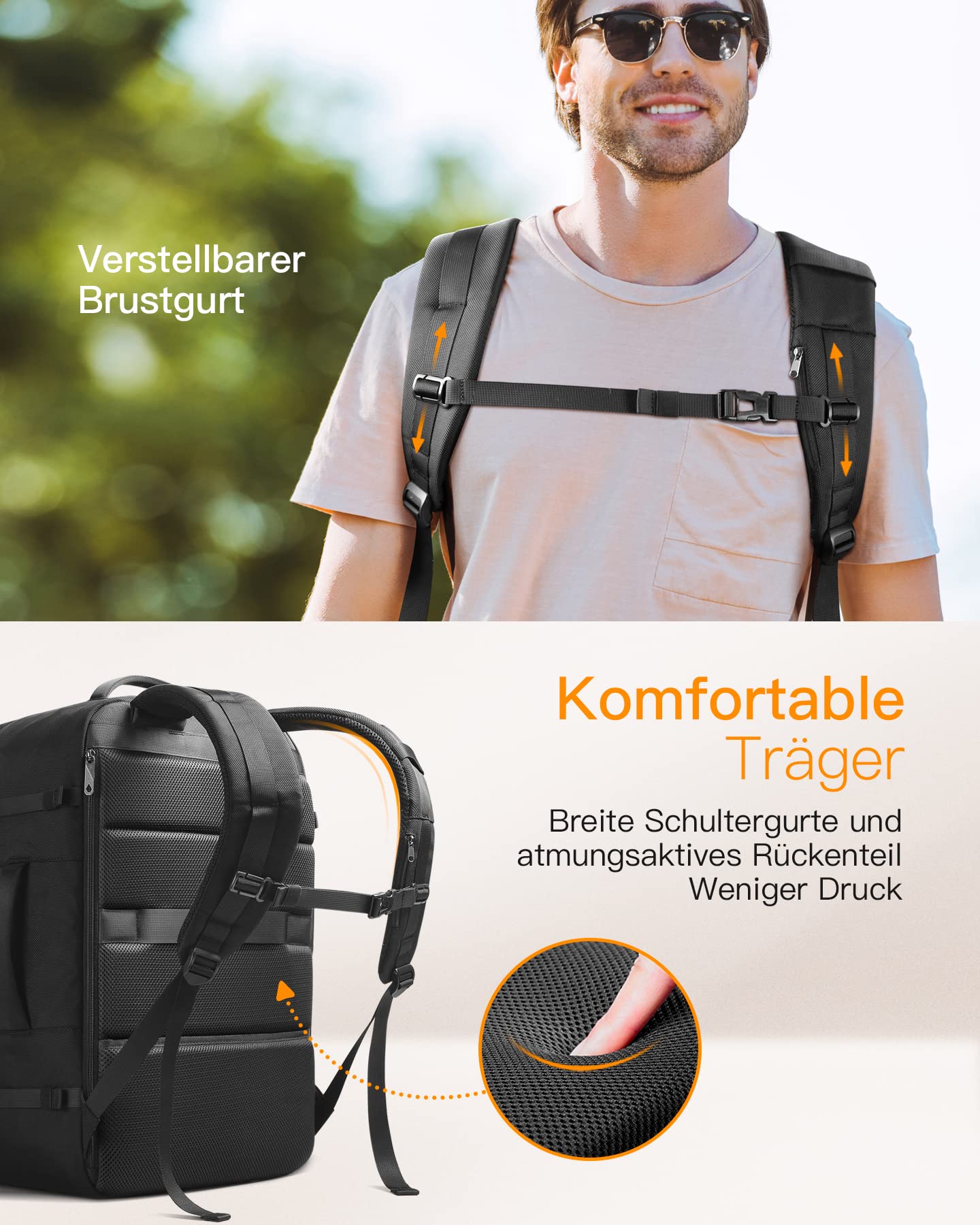Inateck 42L super large carry-on travel backpack airplane laptop backpack for 15.6 inch notebooks, flight approved cabin backpack for weekend trips.