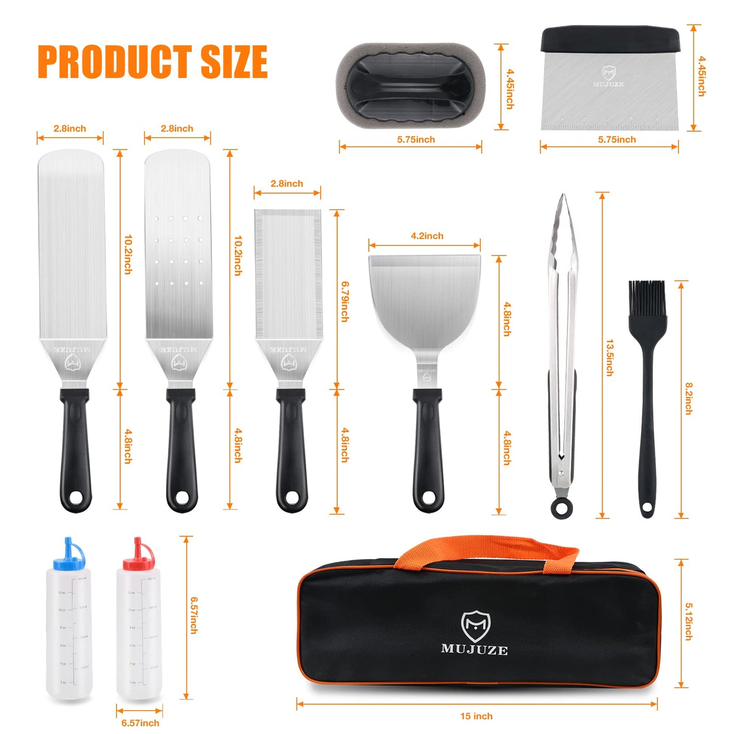 MUJUZE stainless steel grill spatula set, gift for men dad plancha spatula grill accessories in case, professional pancake turner grill spatula accessory for teppanyaki and camping.