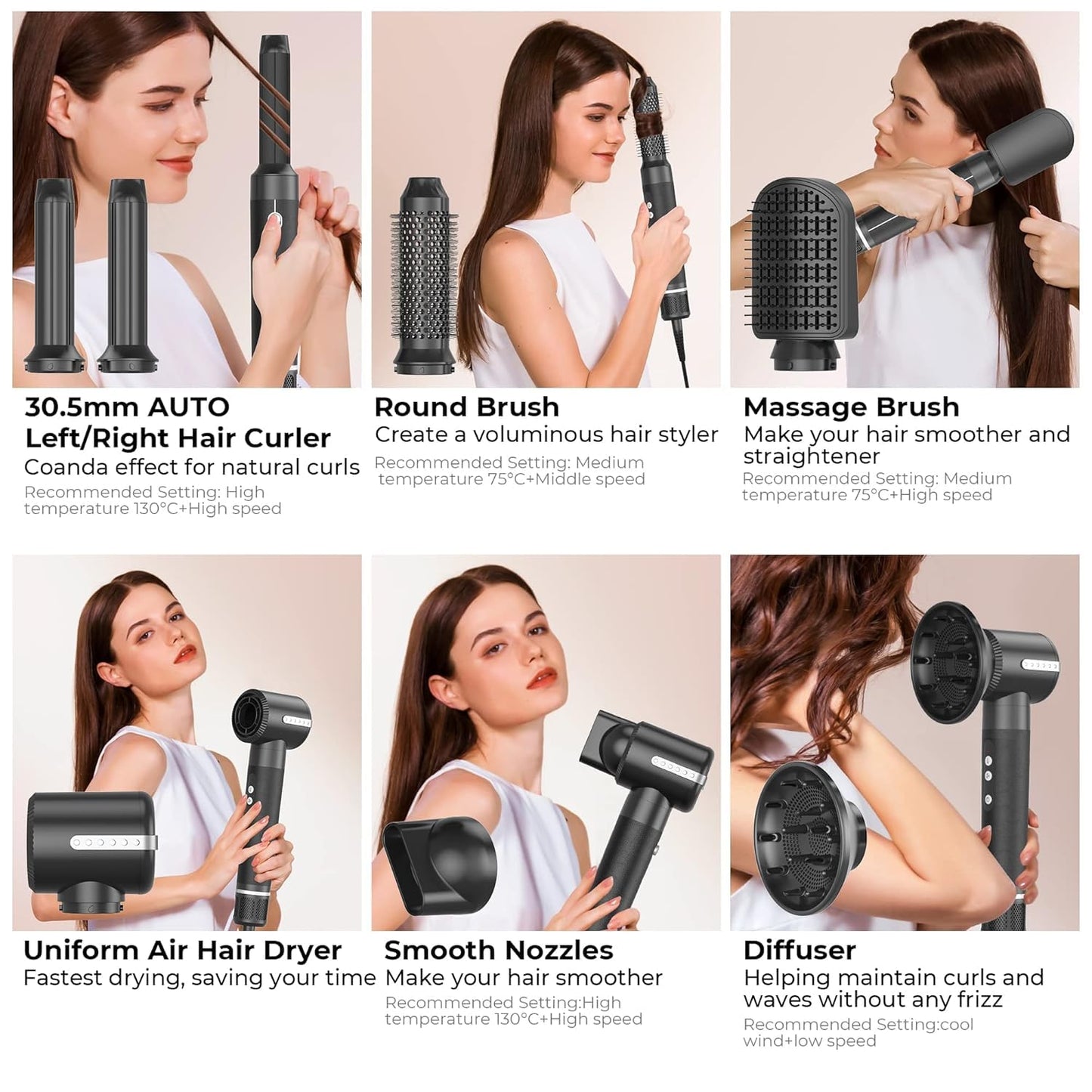 Hair styler 7 in 1, UKLISS Ionic Hair Dryer with Various Attachments: hot air brush, round brush, automatic curling iron, high-speed hair dryer with diffuser, hair straightening brush, gifts for women.