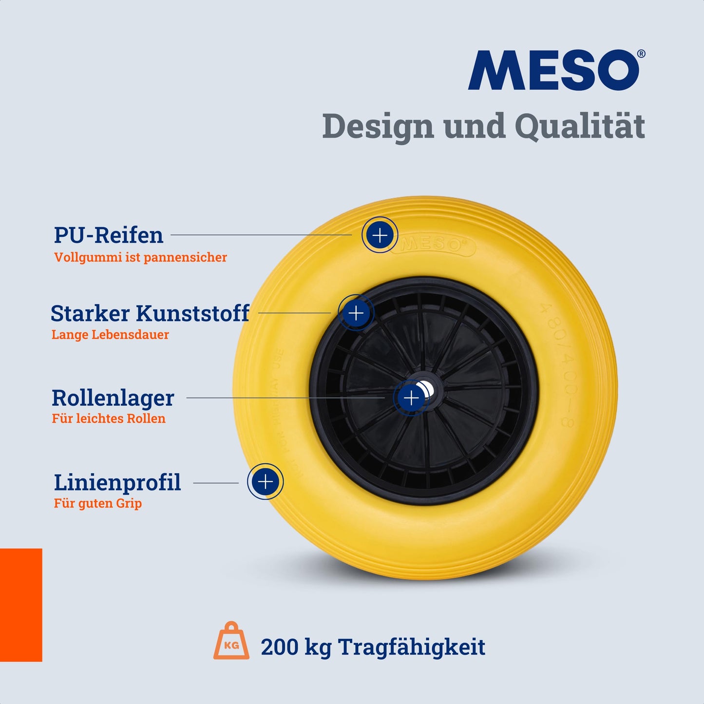 MESO® wheelbarrow wheel 4.80 4.00-8 Ø 400 mm with axle - solid rubber puncture-proof PU tire - wheel for wheelbarrow, garden cart - replacement wheel solid rubber tire plastic rim - 200KG load capacity