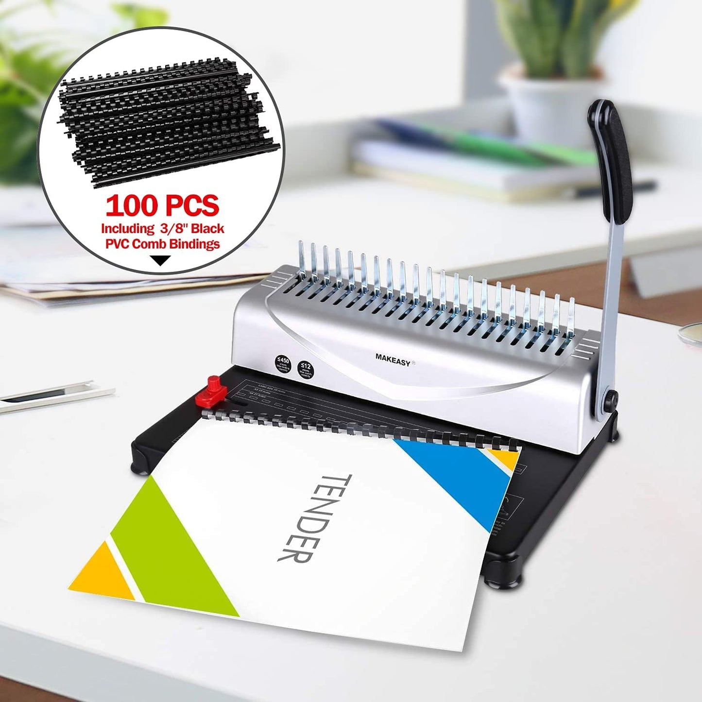 MAKEASY Binding Machine, 21 holes, binds 450 sheets, 12 sheet punching capacity, with starter kit of 100 pieces PVC binding spines, perfect for daily office documents.