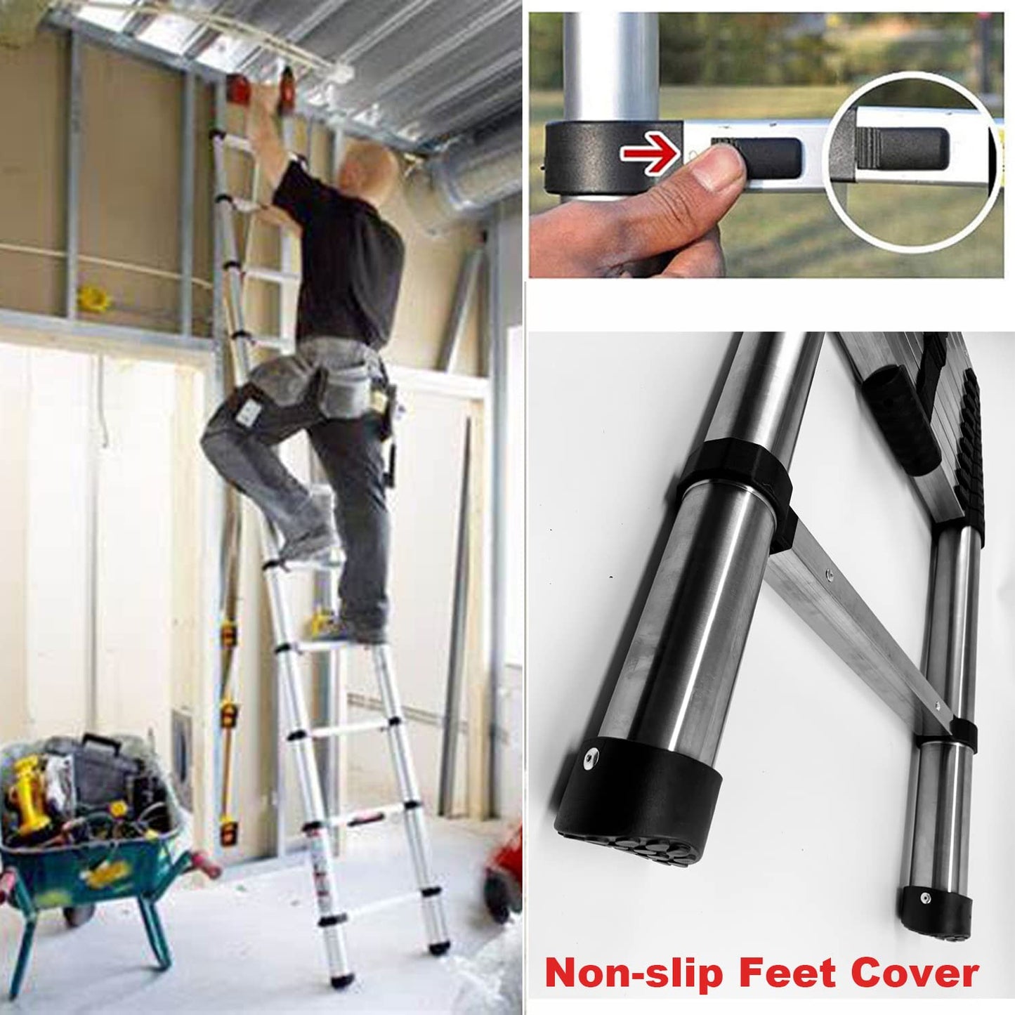 3.8M Telescoping Stainless Steel Ladder Folding Extension Ladder Step Ladder Non-slip, Telescopic design, made of high quality stainless steel, Portable, Lightweight, 150kg load capacity