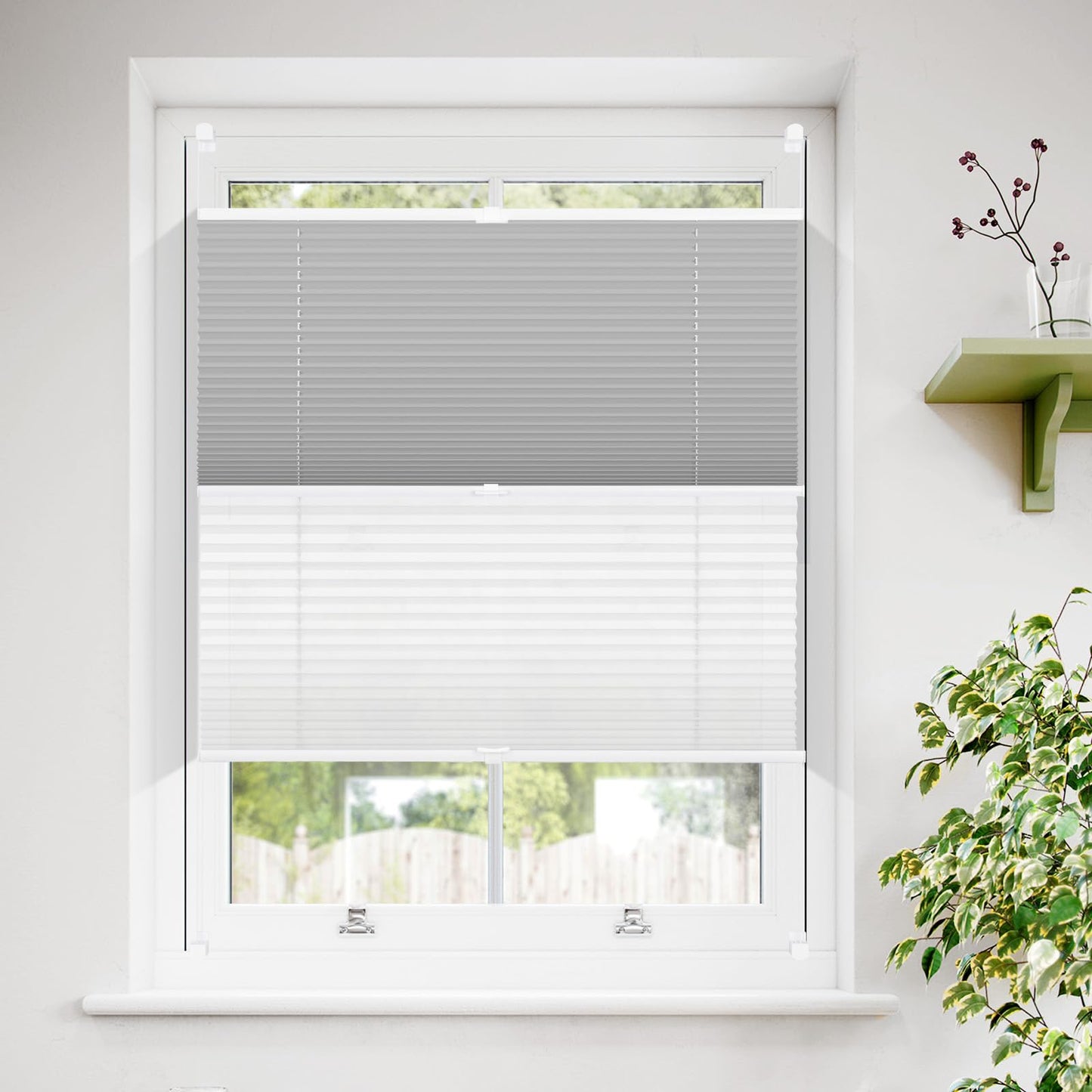 Sanfree Day Night Pleated Shade without drilling Darkening Clamp Fix Pleated Shades White-Grey 65x90cm (WxH) Darkening pleated shade Thermo Pleated Shades Clamp Roller Blinds 100% Blackout Roller Blinds for Windows & Doors