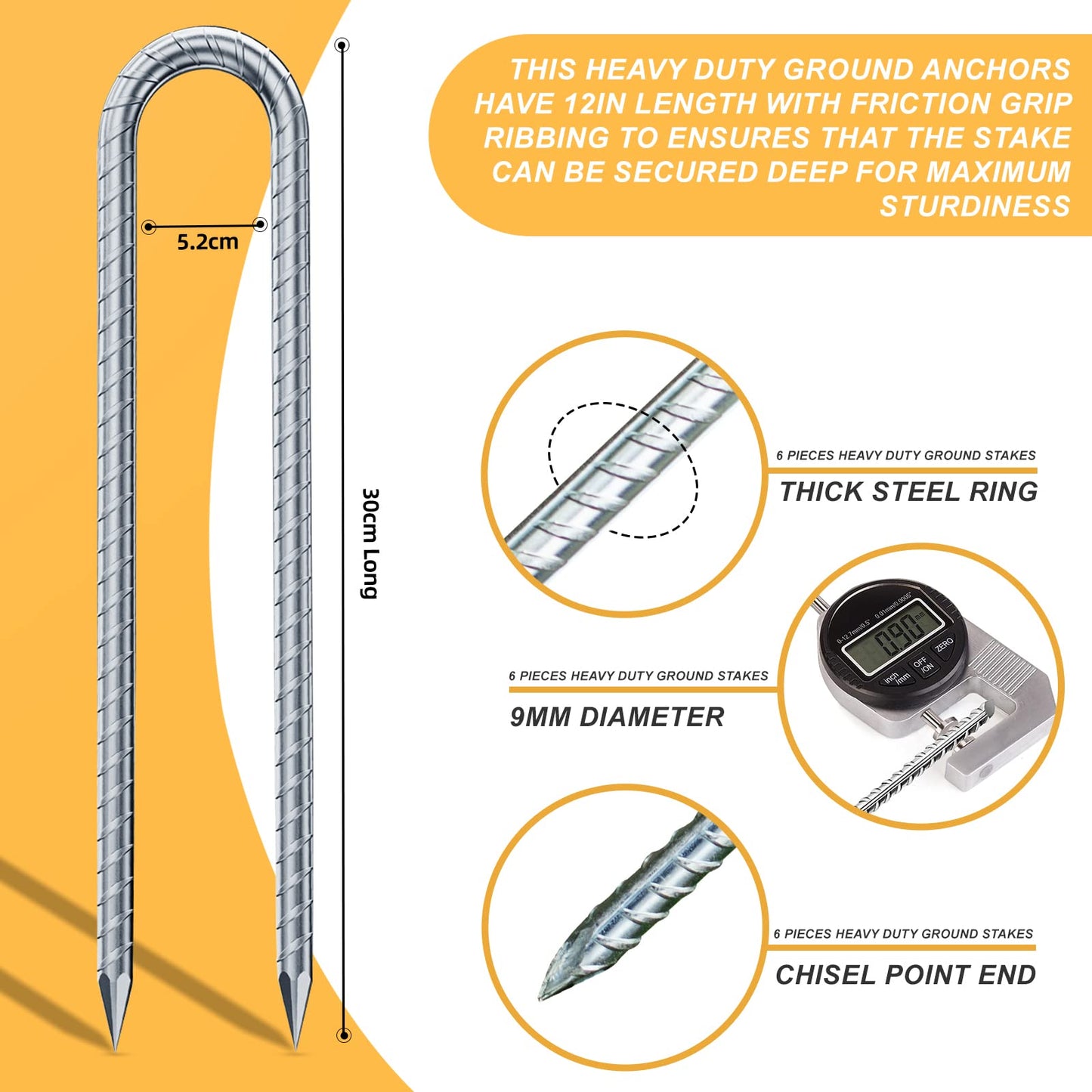 Ground anchor for trampoline, heavy duty metal 32cm ground stakes with U-shape design, galvanized steel pegs with chisel tip end, perfect for securing tents and trampolines (6 Pack, Silver U-shaped).