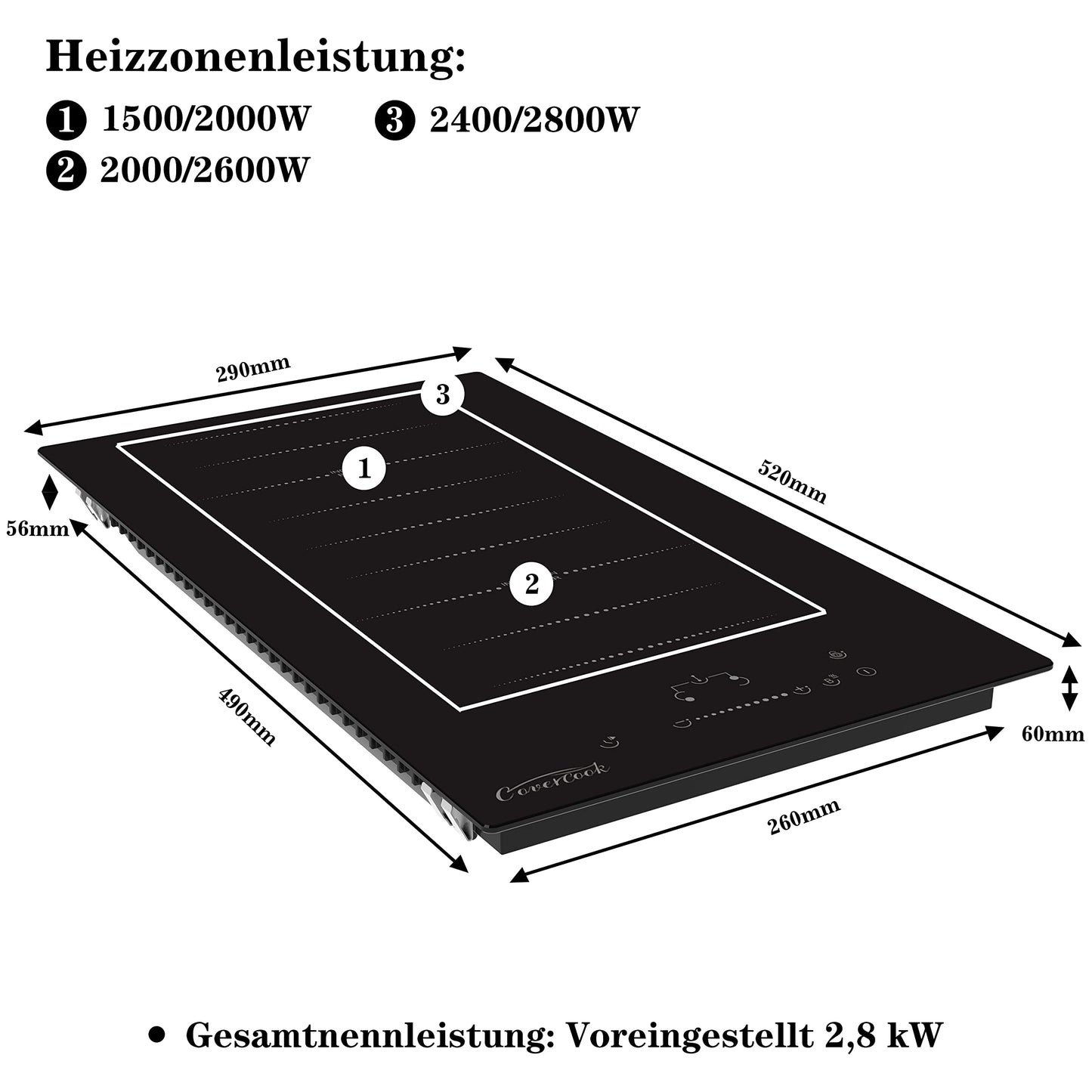 COVERCOOK 30cm induction hob with 2 cooking zones, built-in Domino induction hob with plug, flex zones, slidertouch control, power boost, 16A 2800W.