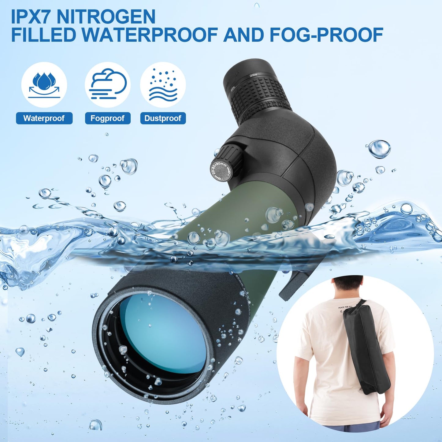 Spotting scope with tripod, 20-60X80 HD IPX7 waterproof scopes for bird watching. Comes with carrying case, FMC optics, angled Porro prism. Ideal for sports shooters, wildlife scenery.