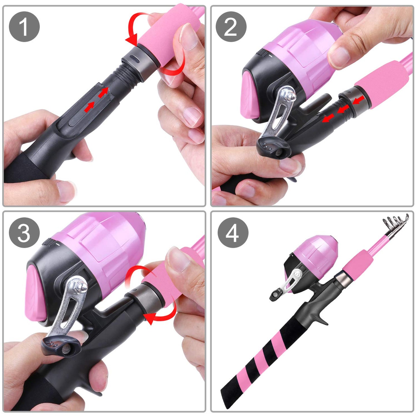 PLUSINNO Kids Fishing Rod and Reel Combo, Telescopic Fishing Pole with Lures, Fishing Accessories and Carry Bag for Saltwater Freshwater Fishing, for Boys, Girls, Teens Pink.