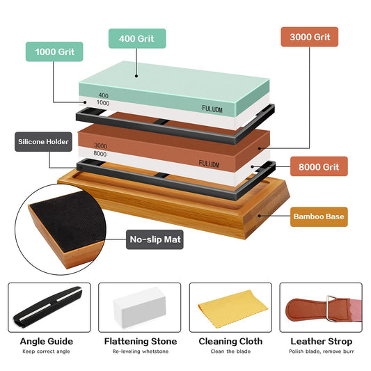 Grindstone Set Whetstone Sharpening Stone for Knives - Dual-Sided Knife Sharpener for Kitchen Grain 400/1000 3000/8000 FULUDM Water Sharpening Stone with Non-Slip Silicone Holder