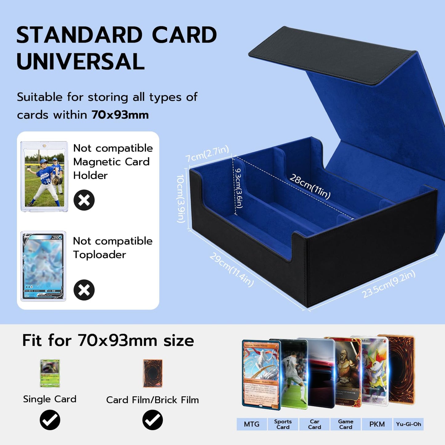 Tolesum Card Deck Box for MTG, Holds 1800+ cards with dividers, PU Leather Strong Magnetic Trading Card Storage Box Compatible with Magic Commander TCG Cards - Black and blue.