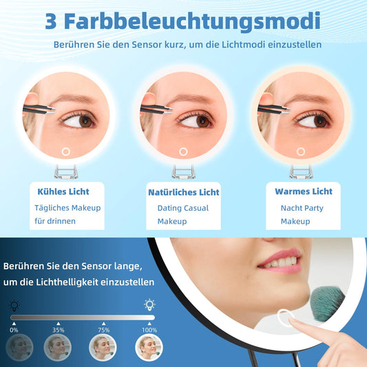 10x magnification mirror with light, 15cm in size, available in 3 colors, dimmable, illuminated, 10x travel magnification mirror with suction cups and tabletop stand, makeup mirror with high magnification.