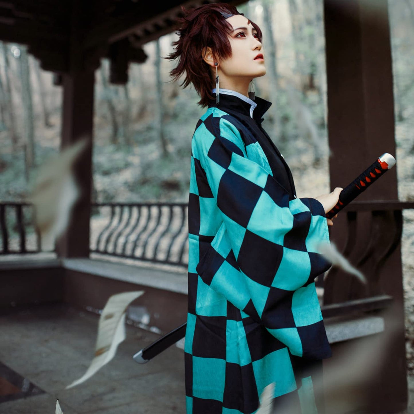 Alaiyaky Tanjirou cosplay costume with earrings, Tanjirou cosplay kimono Halloween jacket costume anime coat outfit for adults and kids (Small, Cosplay 1)