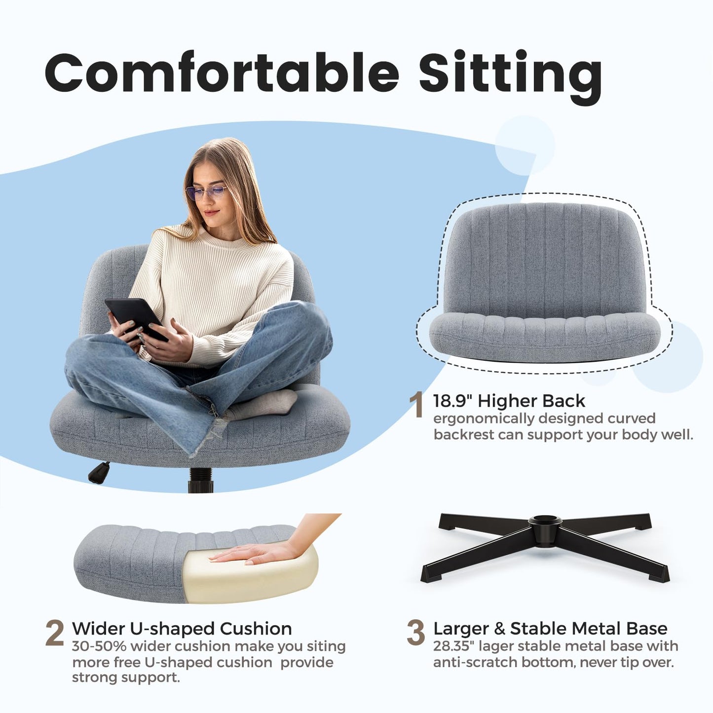 IWMH office chair without armrests, wide and thick swivel chair with wheels, height adjustable desk chair with corduroy, ergonomic chair, reading chair for sitting cross-legged (Gray)