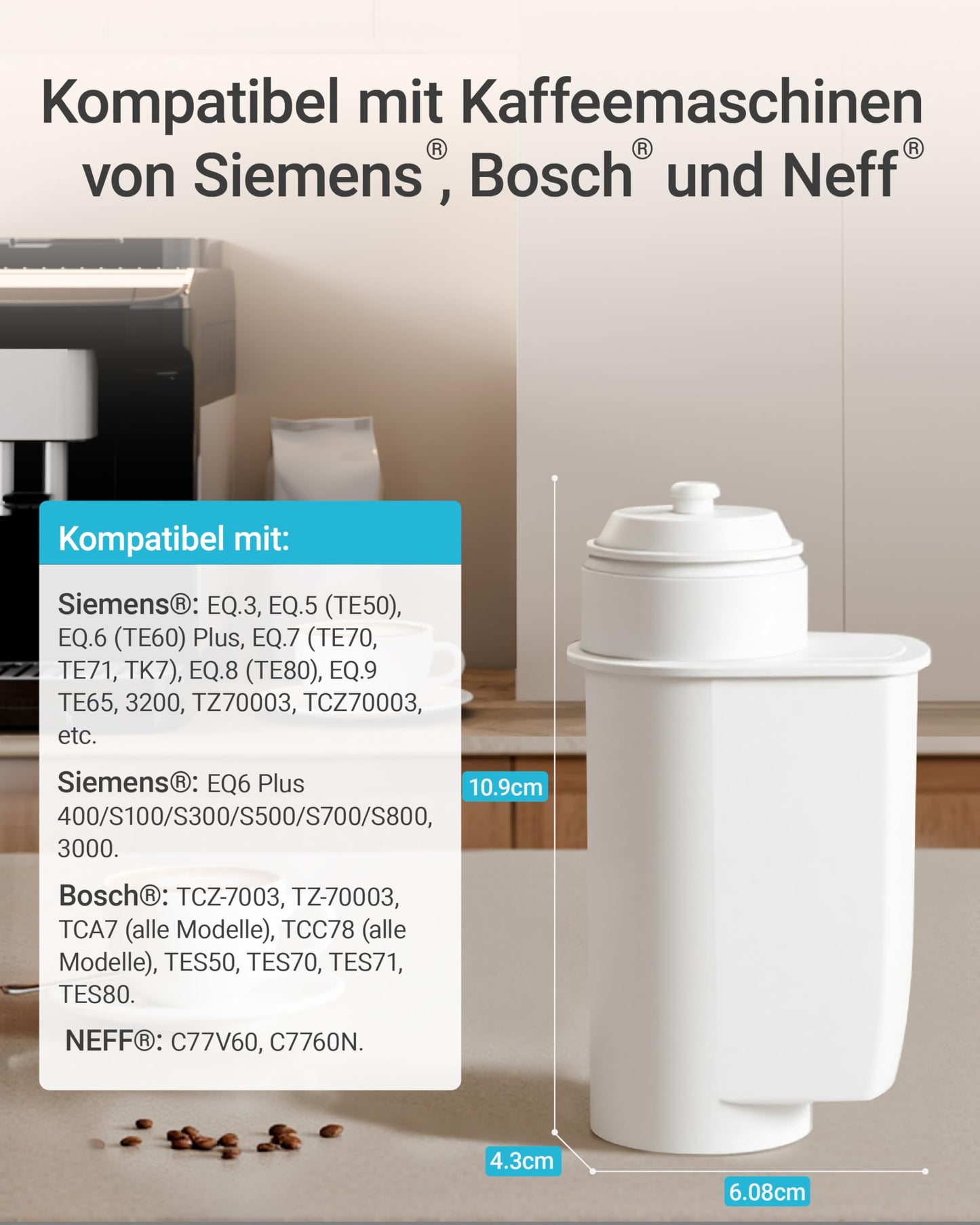 AQUA CREST water filter replacement for Brita® Intenza; Siemens® TZ70033, TCZ7003, EQ. Series; Bosch® 12008246 - including various models from Neff® & Gaggenau®, reduce PFAS, PFOA/PFOS (6).