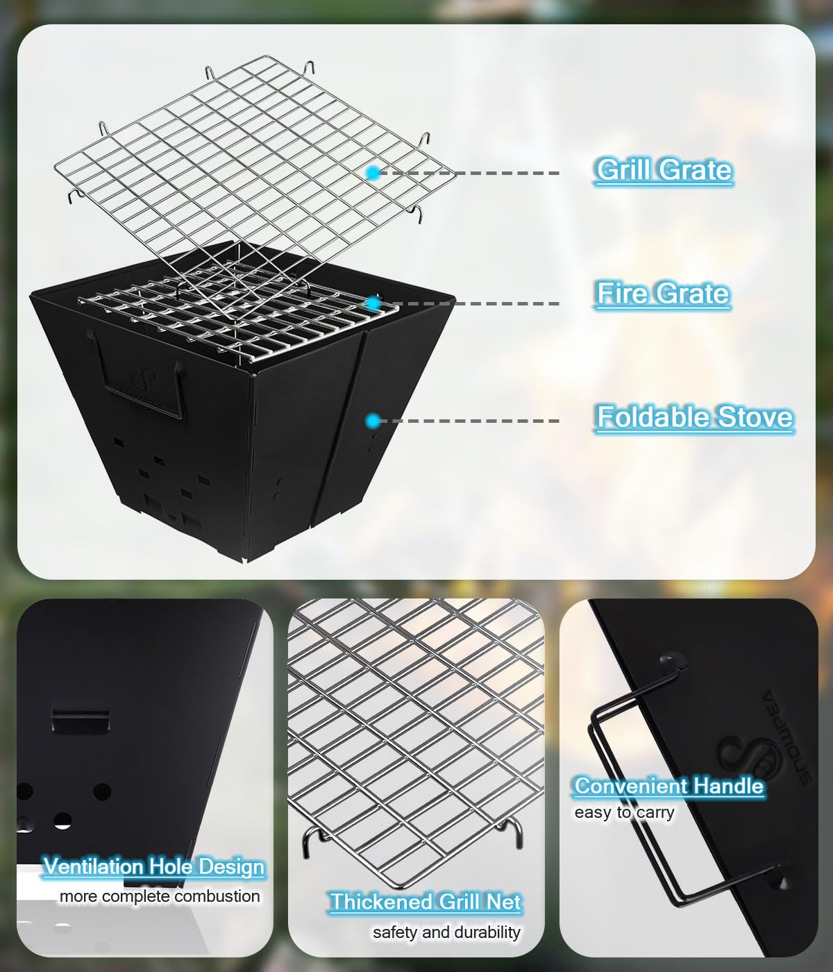 Snowpea - Portable campfire, Foldable, Outdoor fire pit with carrying bag, Iron fire bowl for picnics, campfires, patio - Includes grill grate.