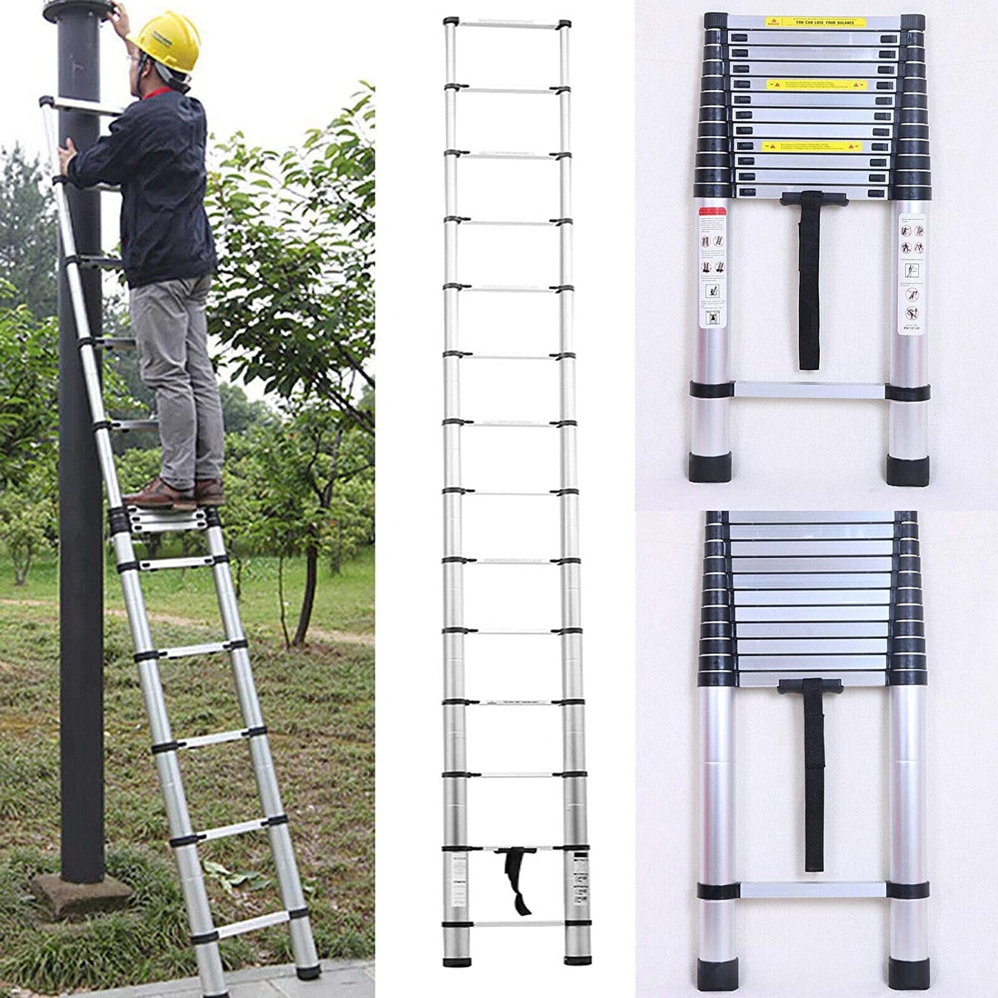 16.4FT Aluminum Telescoping Ladder, portable, multipurpose extension ladder, 330 lbs. maximum load, 13 steps, EN 131 certified, for indoor and outdoor use - 3-year warranty.