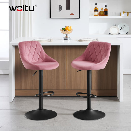 WOLTU Set of 2 Bar Stools, Bar Chairs with Backrest, Height Adjustable Swivel, Padded Velvet Seat, Non-Slip Metal Base, for Kitchen Home Bar, Pink