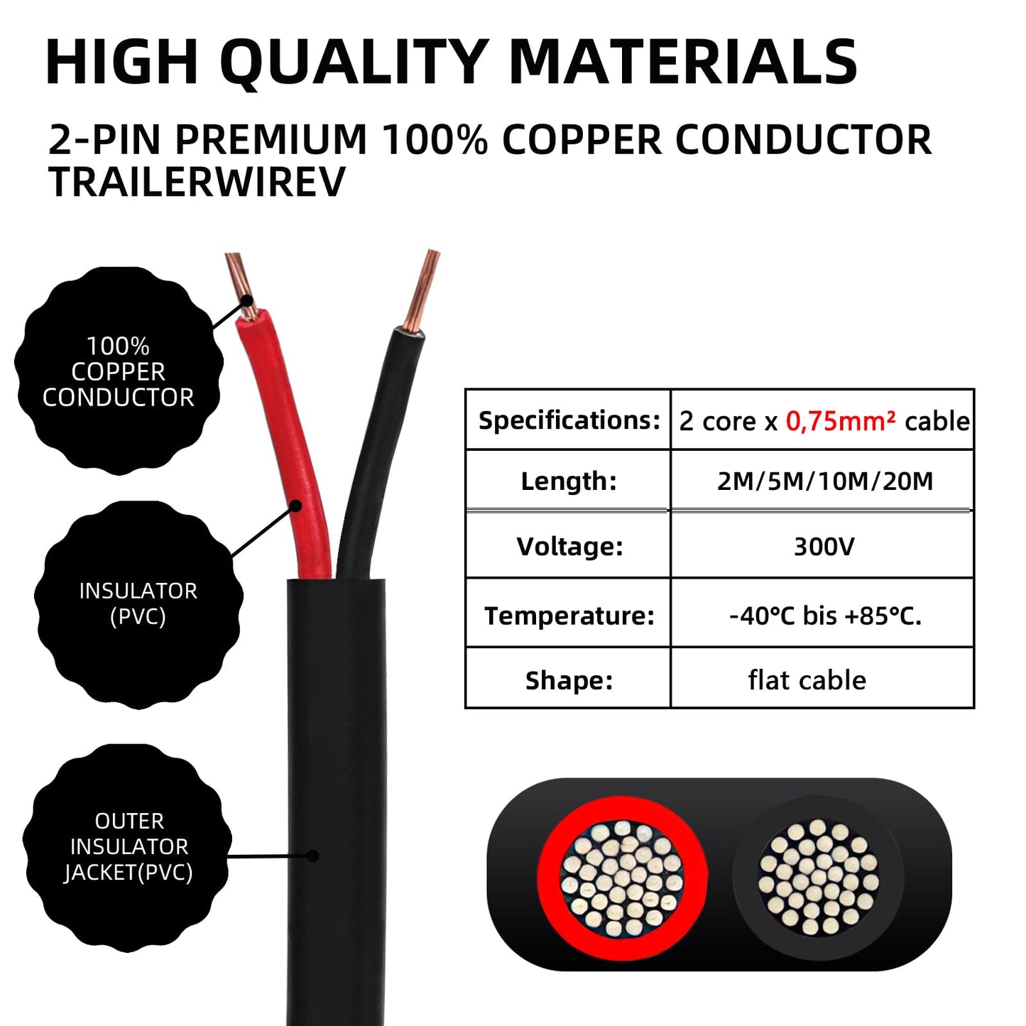 Qiping 2 Core Flat Vehicle Wiring Cable 20m, 12V 24V 2 Core Trailer Cable LED Taillight Wiring with Cable Cross-section 2X 0.75mm² For Trailers Car Truck RV