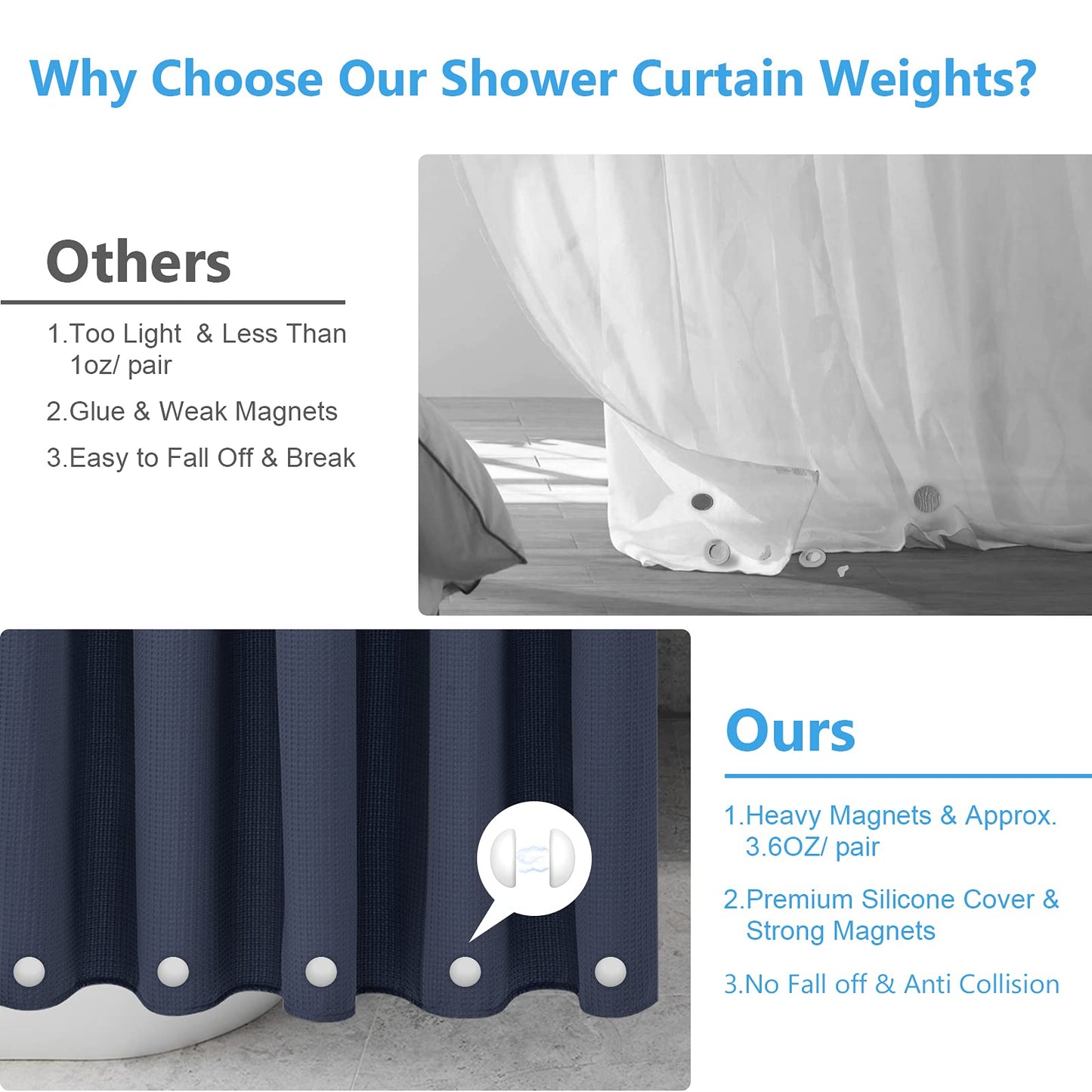 VANZAVANZU Shower Curtain Weights, Rustproof, Shower Curtain Magnets with Silicone Coating to Prevent Blowing Away in the Wind.