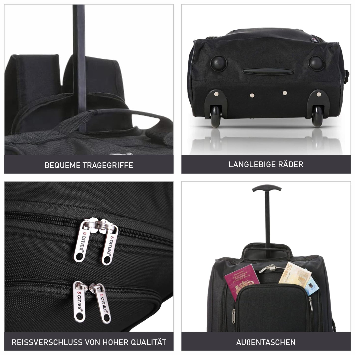5 Cities 42L carry-on trolley suitcase backpack with 2 wheels for onboard use