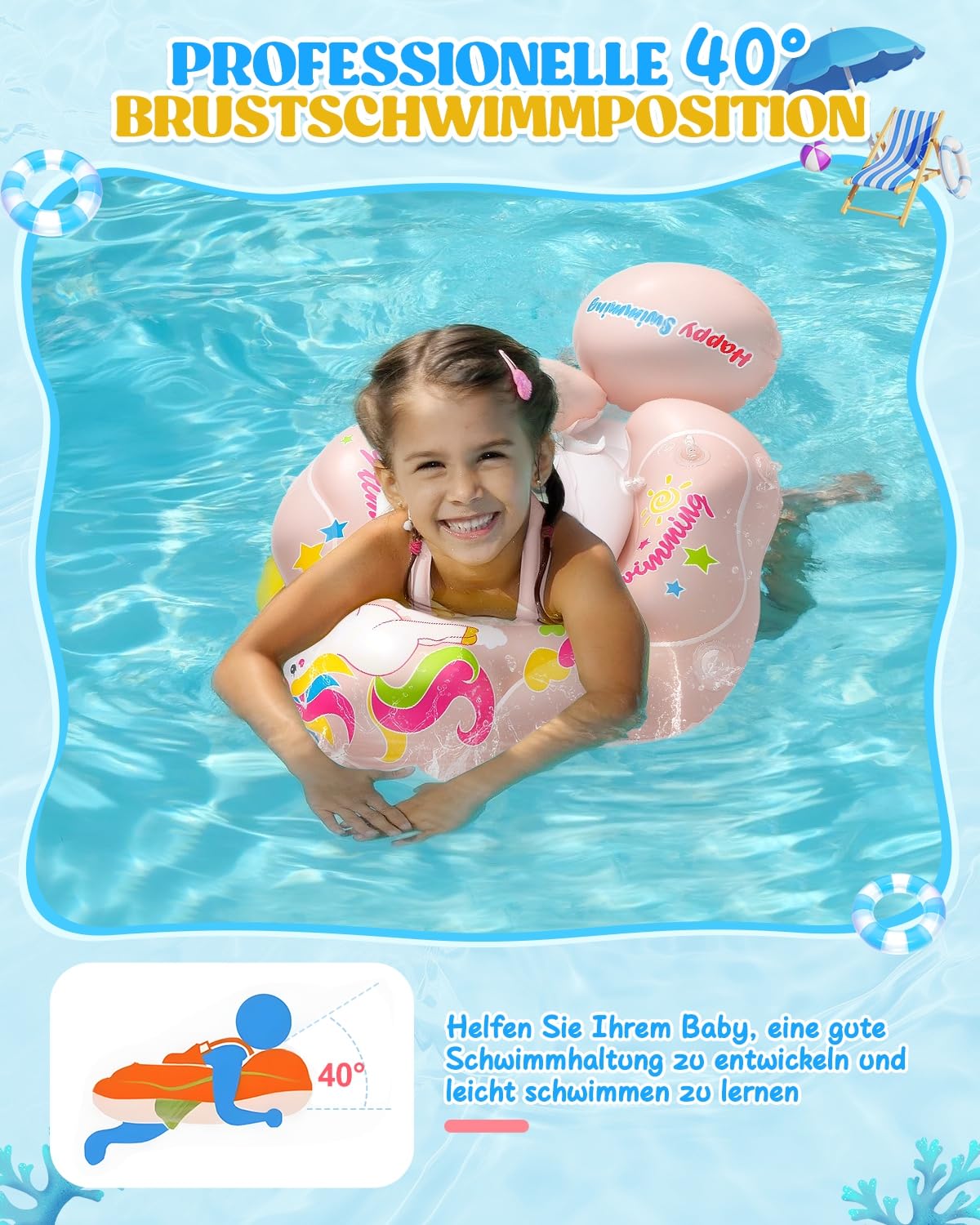 Baby swim ring with UPF50+ sun canopy, removable inflatable swim seat swim trainer, adjustable safety seat, baby swim aid for 3-36 months.