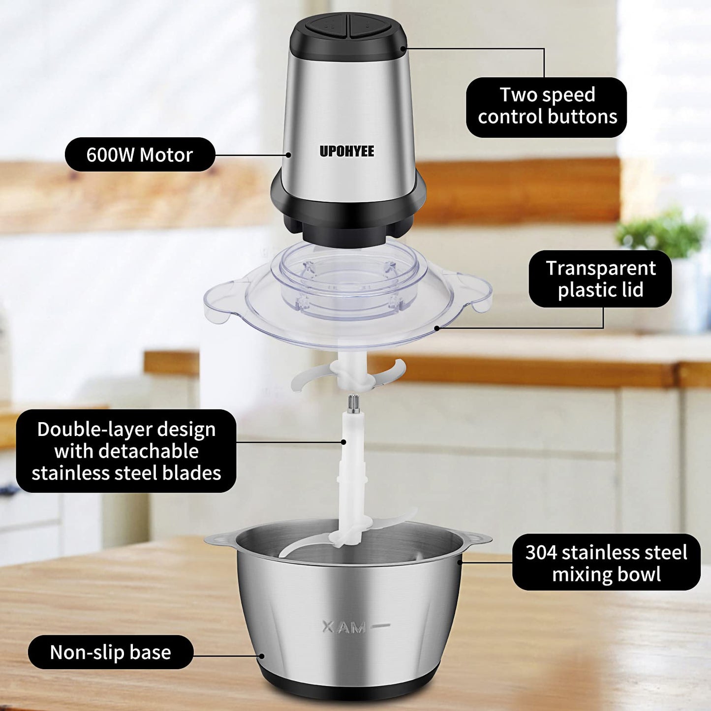 600W 2L stainless steel bowl food processor with 2 speed settings. Electric kitchen chopper with 4 blades for vegetables and garlic.